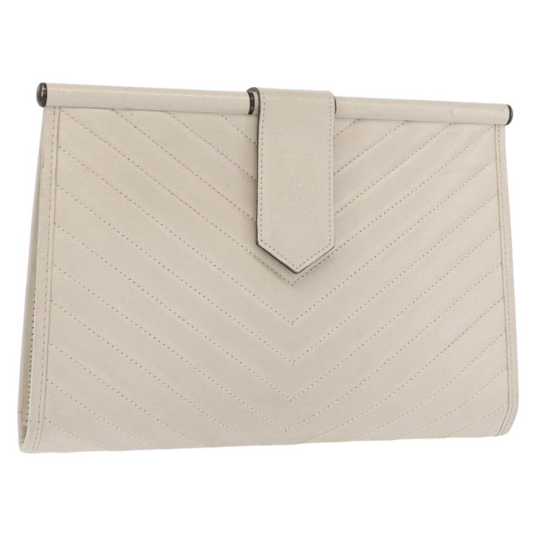 White Leather Saint Laurent Clutch with Gold Accents and Dust Bag (1 of 18)