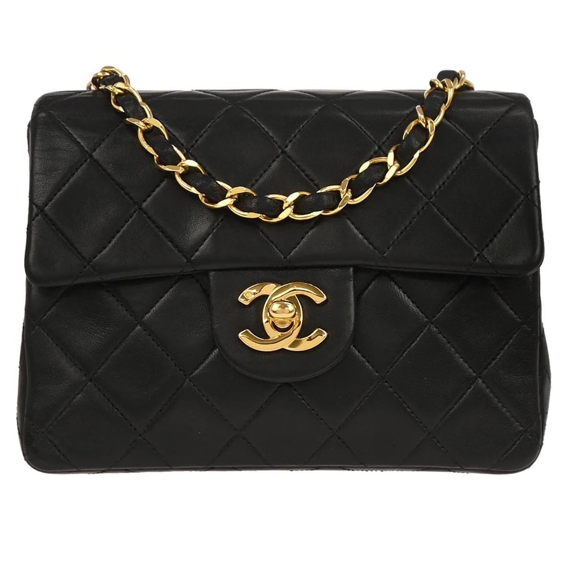 Chanel Mini Square Flap Lambskin Leather Shoulder Bag Black 17: Chanel Mini Square Flap Lambskin Leather Shoulder Bag Black 17 This Chanel Mini Classic Square Flap Shoulder Bag features black quilted lambskin leather with a distinctive matelasse pattern. It is des