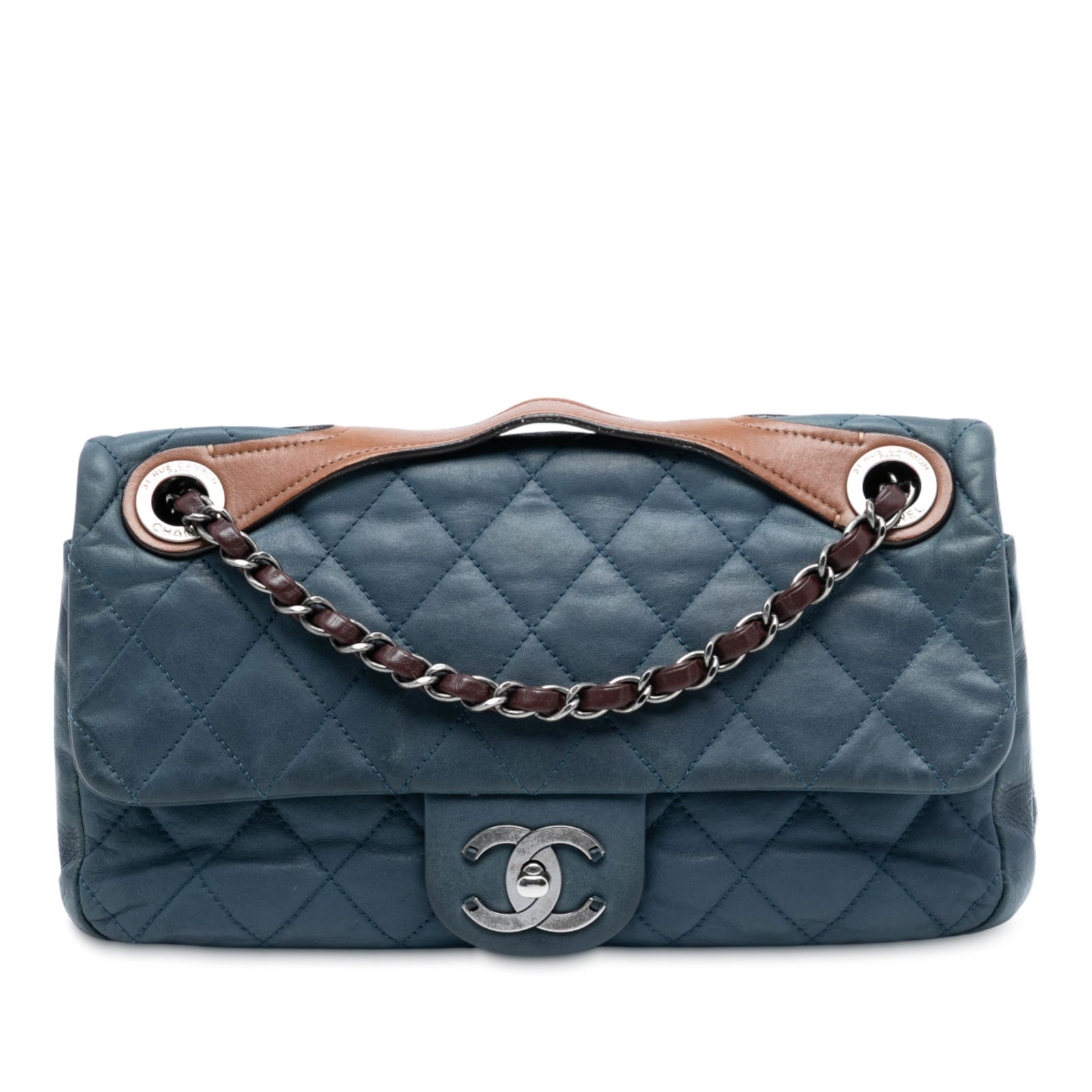Chanel Blue Iridescent Leather In The Mix Medium Flap Bag with Chain Strap: Chanel Blue Iridescent Leather In The Mix Medium Flap Bag with Chain Strap This Chanel Medium Iridescent Calfskin In The Mix Flap bag features a quilted lambskin leather body in blue, a flat leather t