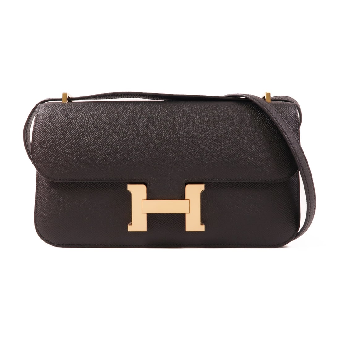 Hermes Constance Elan Black Epsom Leather Shoulder Bag with Gold Hardware: Hermes Constance Elan Black Epsom Leather Shoulder Bag with Gold Hardware This Hermes Constance Elan shoulder bag is crafted from black Epsom calfskin leather, featuring a structured silhouette and lu
