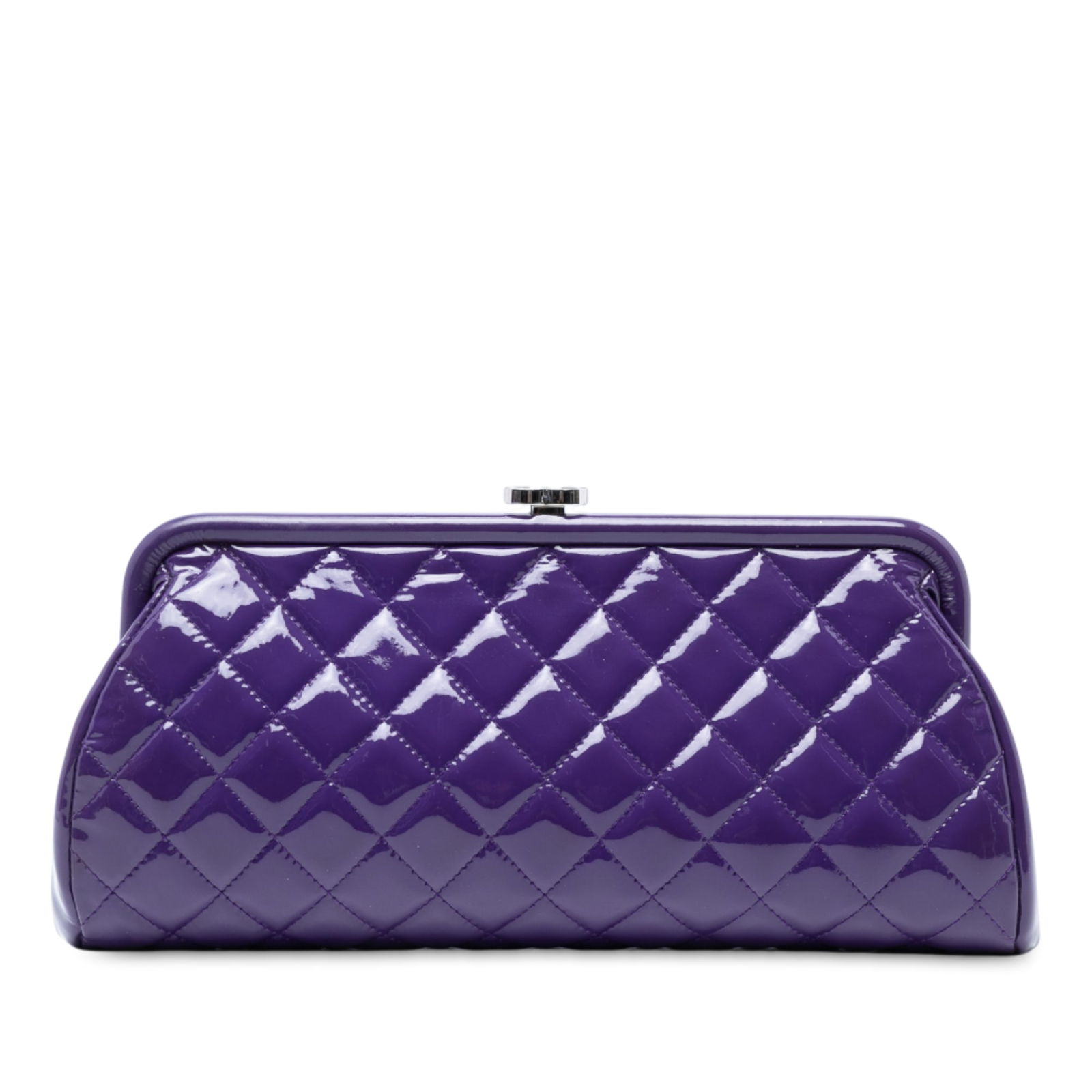 Chanel CC Quilted Patent Leather Purple Kiss Lock Clutch: Chanel CC Quilted Patent Leather Purple Kiss Lock Clutch The Chanel CC Quilted Patent Kiss Lock Clutch showcases a stylish design crafted from quilted patent leather, offering a chic and sophisticated