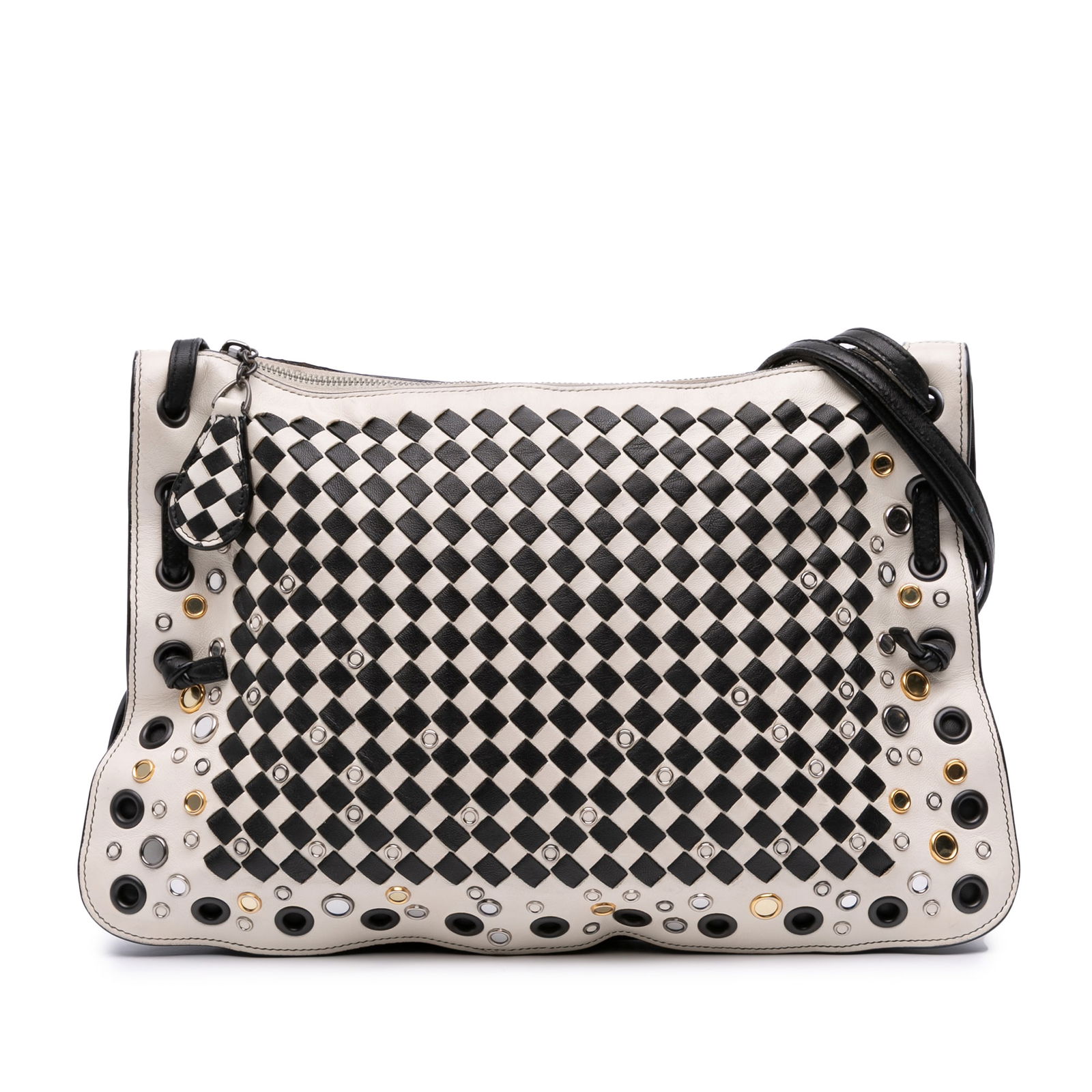 Bottega Veneta Nappa Intrecciato Check Grommet Crossbody Bag: Bottega Veneta Nappa Intrecciato Check Grommet Crossbody Bag Elevate your accessory collection with this Bottega Veneta Nappa Intrecciato Check Grommet Palio Crossbody. This sophisticated crossbody ba