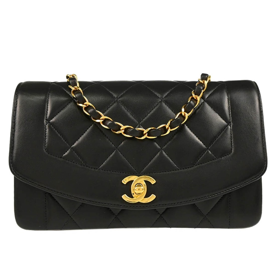 Chanel Black Lambskin Diana Shoulder Bag with Chain Strap: Chanel Black Lambskin Diana Shoulder Bag with Chain Strap This Chanel Black Lambskin Small Diana Shoulder Bag is a stylish accessory perfect for casual occasions. It features a quilted matelasse patte