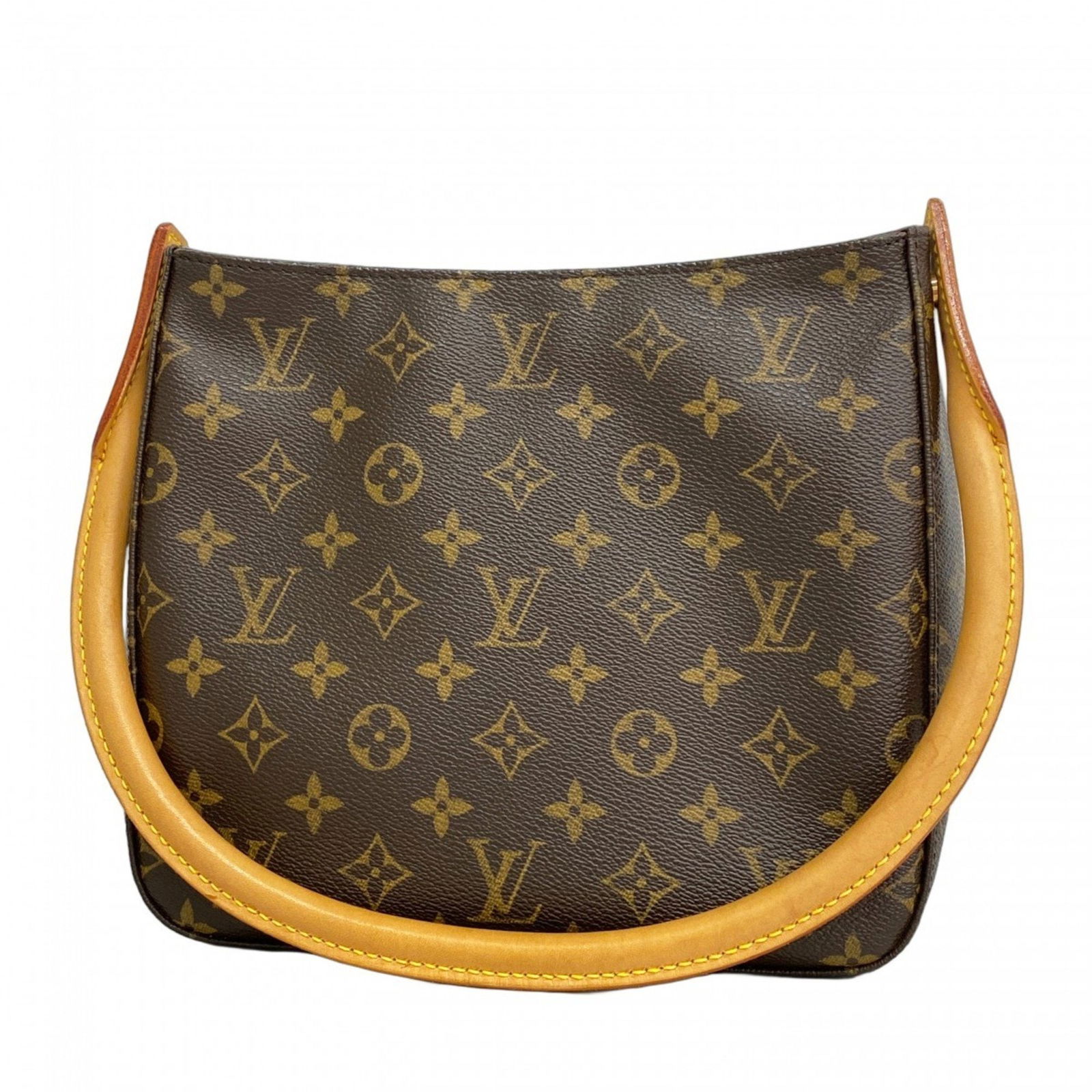 Brown Canvas Louis Vuitton Looping MM Shoulder Bag: Brown Canvas Louis Vuitton Looping MM Shoulder Bag This Louis Vuitton Looping MM handbag is crafted from brown canvas and is designed for women. It features a spacious interior and a distinctive curve