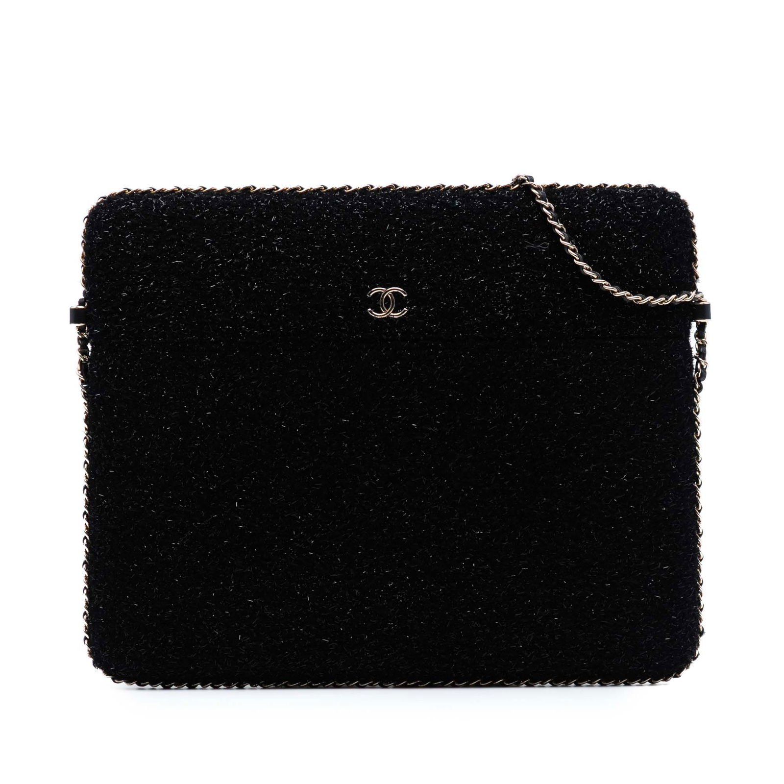 Chanel CC Tweed Chain Around Tablet Holder Crossbody Black: Chanel CC Tweed Chain Around Tablet Holder Crossbody Black Introducing the Chanel CC Tweed Chain Around Tablet Holder Crossbody, a chic and stylish accessory crafted from a durable tweed fabric. This