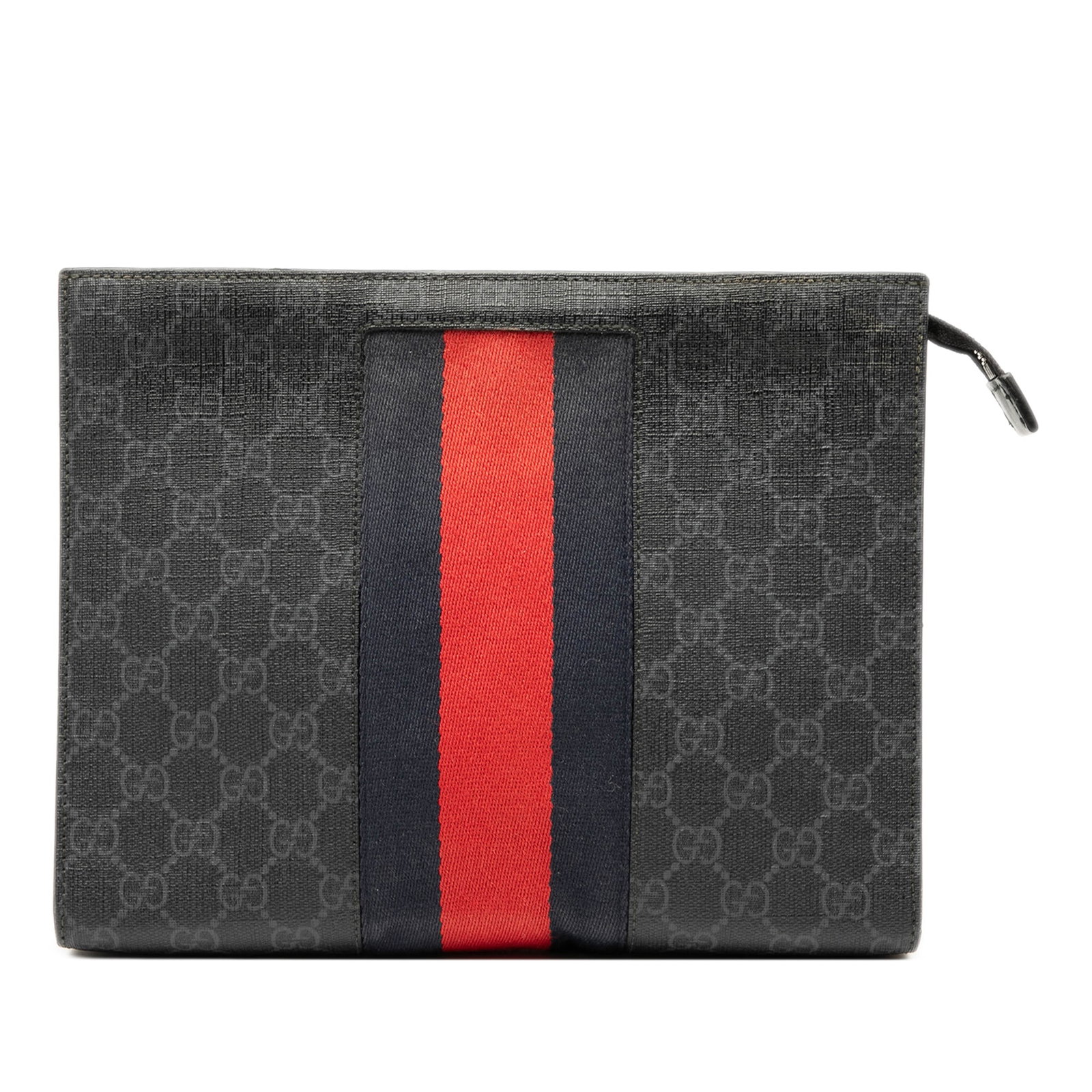 GG Supreme Web Canvas Clutch Bag with Zip by Gucci: GG Supreme Web Canvas Clutch Bag with Zip by Gucci This Gucci GG Supreme Web Clutch features a coated canvas body with signature web detail, a top zip closure, and an interior slip pocket. The clutch