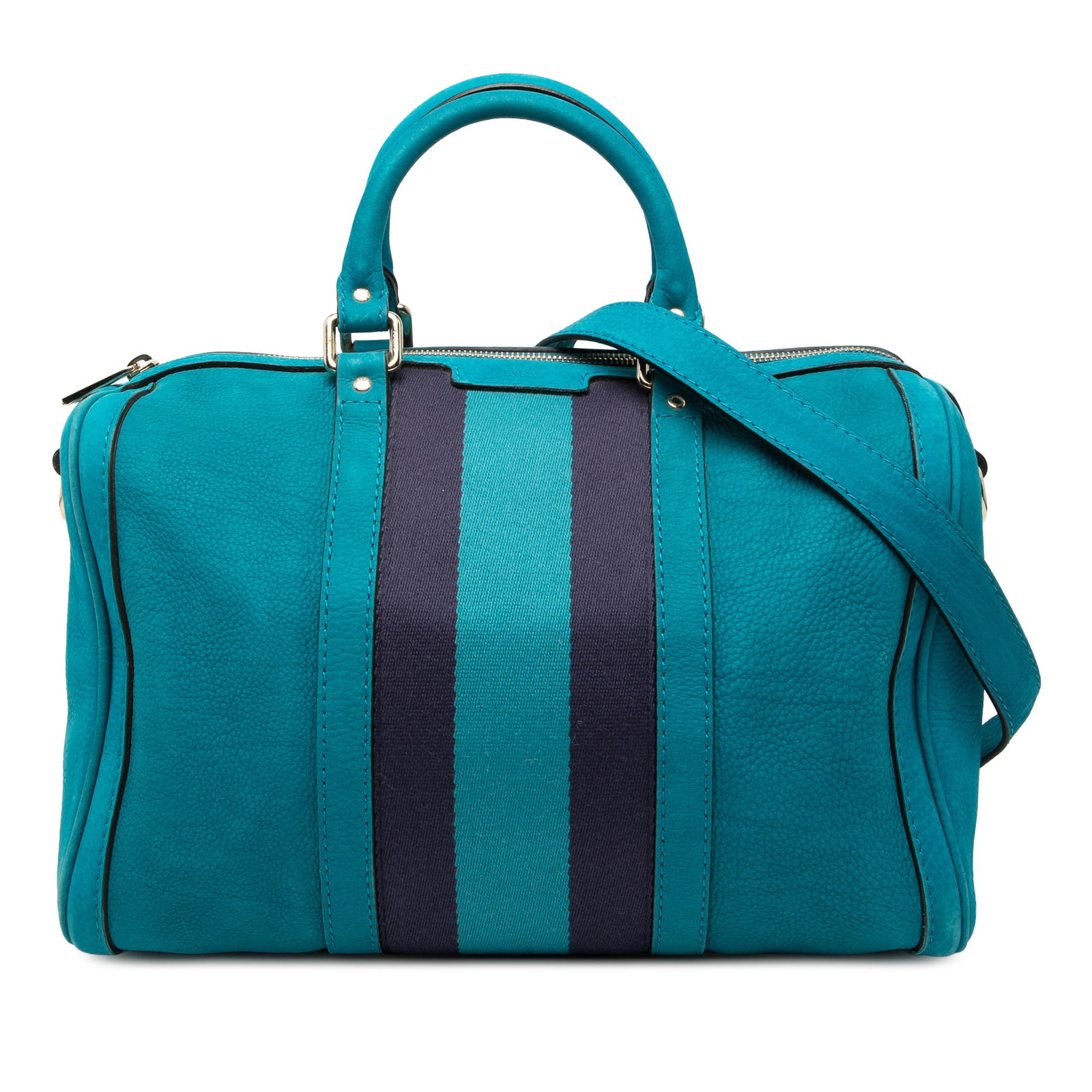 Blue Nubuck Leather Gucci Joy Satchel with Canvas Web Detail: Blue Nubuck Leather Gucci Joy Satchel with Canvas Web Detail This Gucci Nubuck Web Joy Satchel features a blue nubuck leather body accented with canvas web detailing and leather trim. It includes roll
