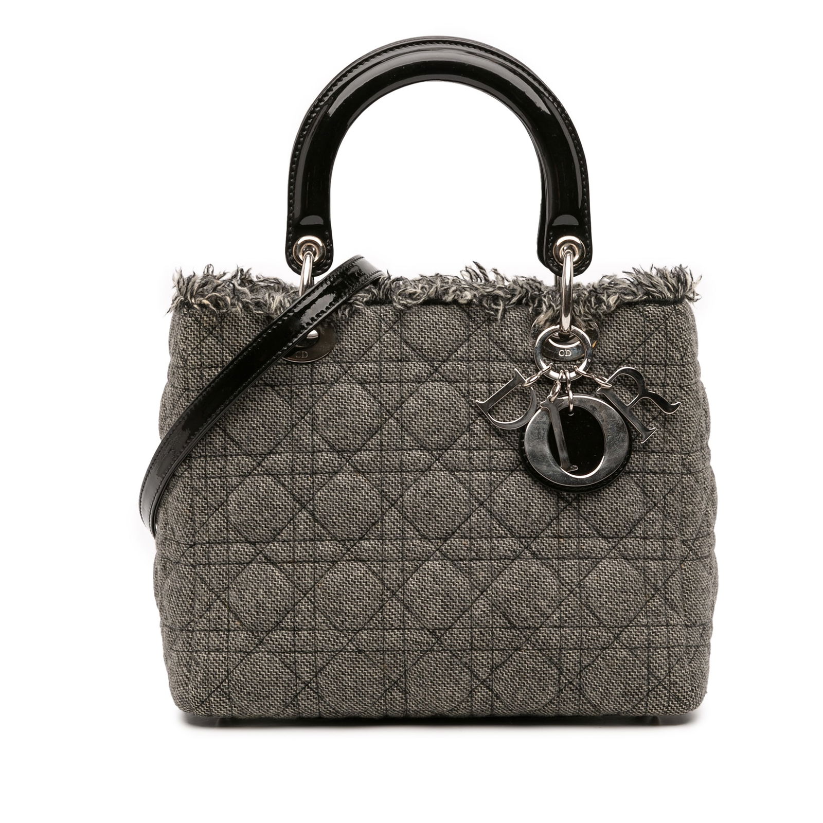 Dior Medium Tweed Cannage Lady Dior Bag Gray Fabric: Dior Medium Tweed Cannage Lady Dior Bag Gray Fabric Introducing the Medium Tweed Cannage Lady Dior, a stunning bag that seamlessly blends style and functionality. Crafted with a unique tweed body, thi