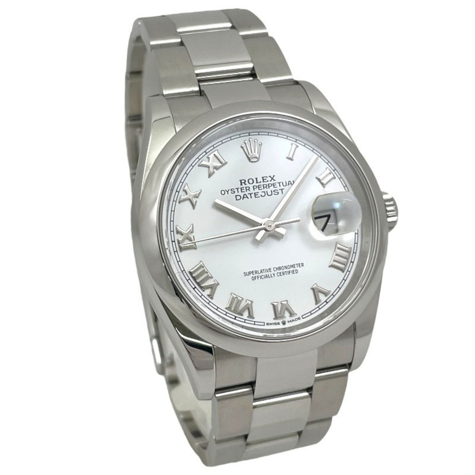 Steel Rolex Datejust White Dial 36mm Swiss Men's Watch: Steel Rolex Datejust White Dial 36mm Swiss Men's Watch This Rolex Datejust 36mm features a white dial and is constructed in steel. The watch is designed for men and has undergone recent polishing and