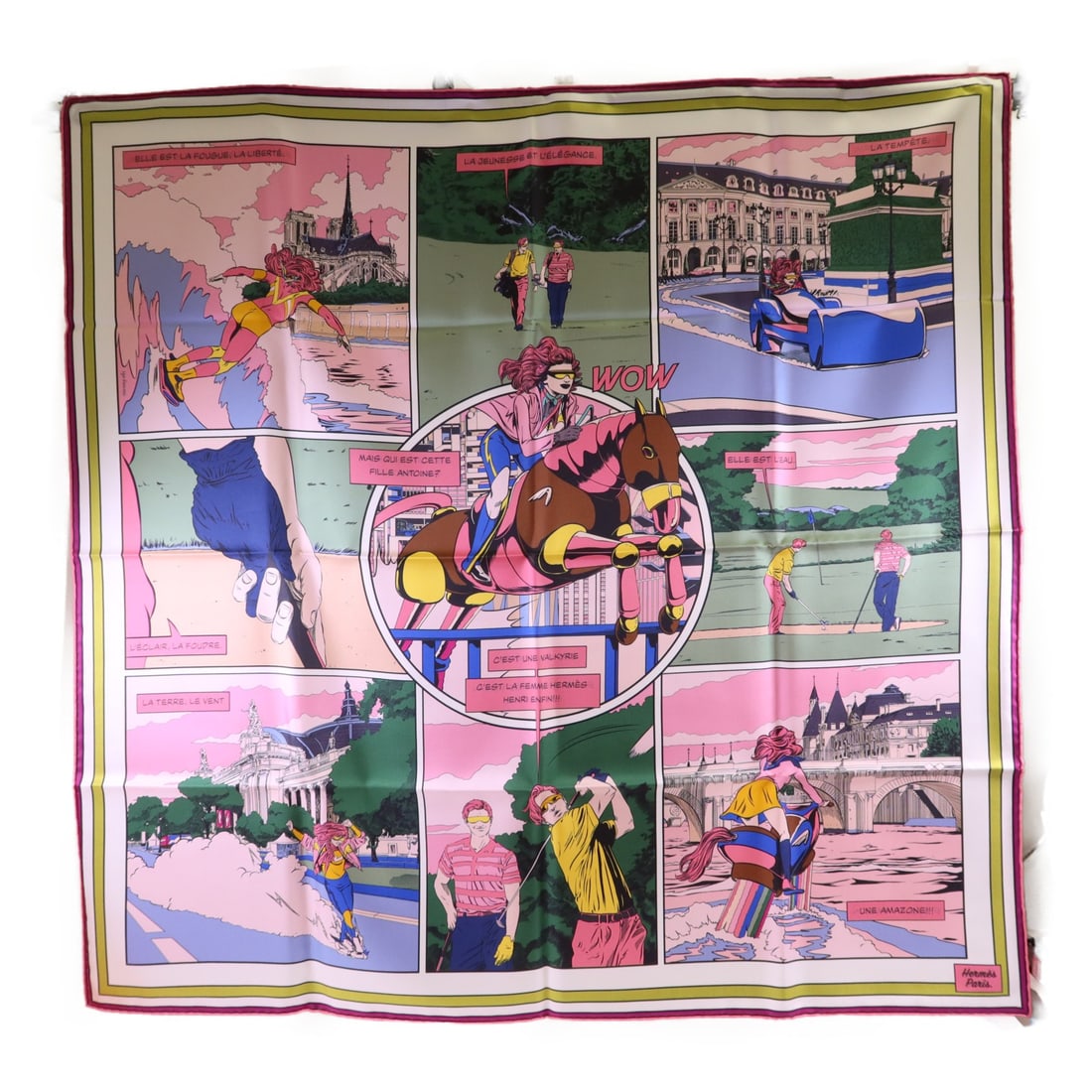 Hermes Silk Square Scarf in Pink and Multicolor 90x90 cm: Hermes Silk Square Scarf in Pink and Multicolor 90x90 cm This Hermes scarf features a pink and multicolour design crafted from silk. It is in pristine, un-used condition and was made in France. Specif