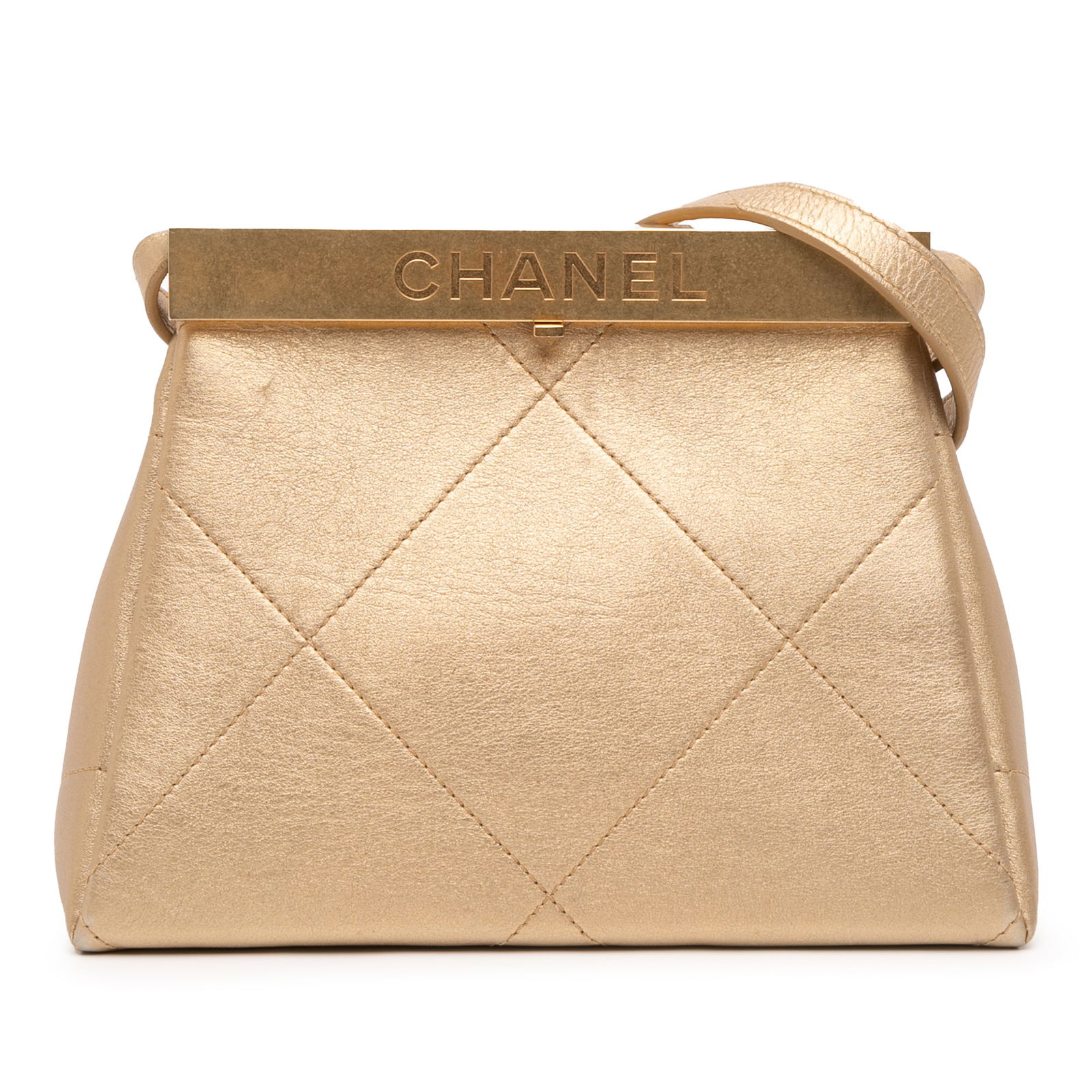 Chanel Small Calfskin Kiss Lock Frame Bag Gold Italy: Chanel Small Calfskin Kiss Lock Frame Bag Gold Italy This stylish Chanel Small Calfskin Kiss Lock Frame Bag is designed for elegance and practicality. Crafted from luxurious leather, it features a kis