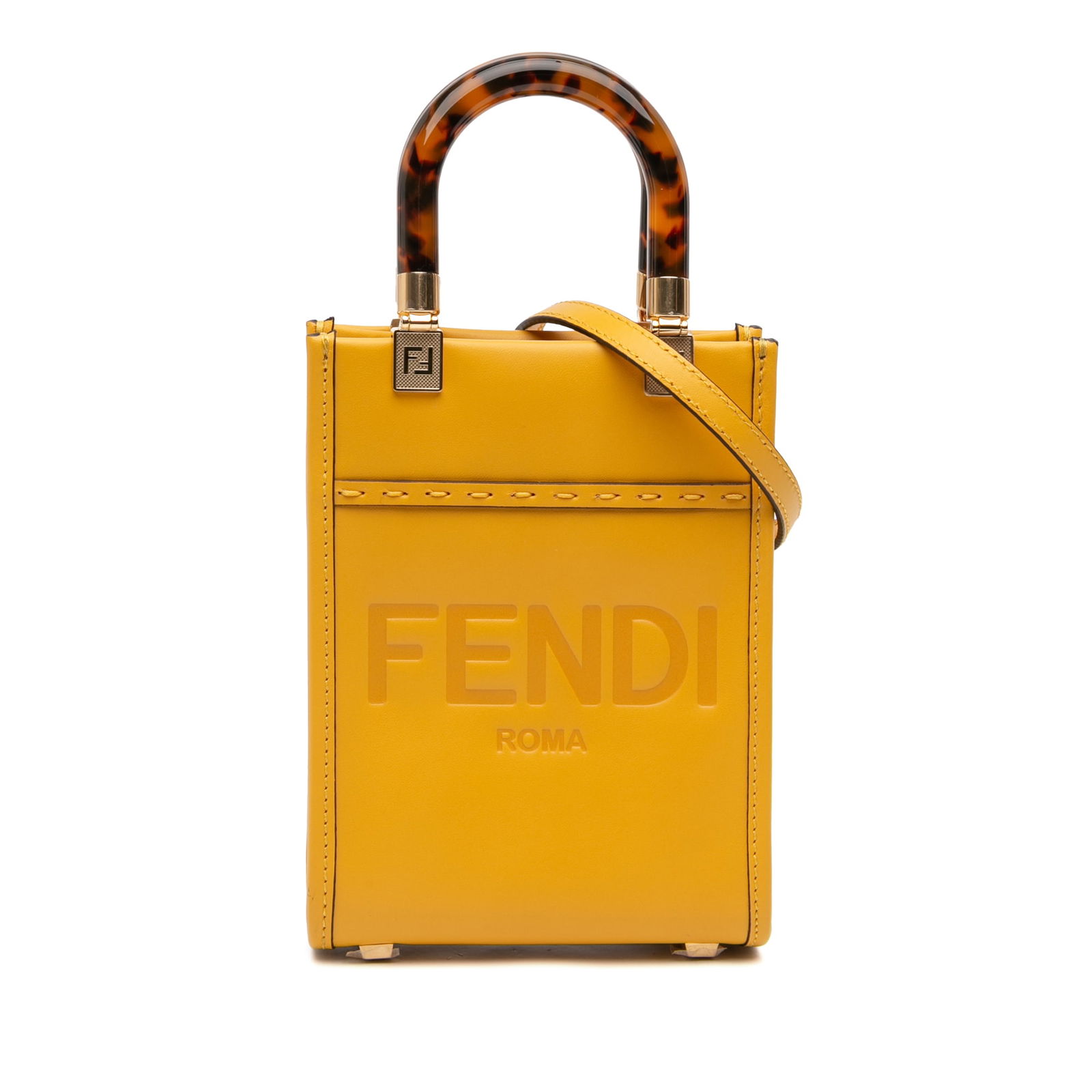 Fendi Mini Sunshine Shopper Yellow Leather Tote with Acrylic Handles: Fendi Mini Sunshine Shopper Yellow Leather Tote with Acrylic Handles This Fendi Mini Leather Sunshine Shopper Tote features a leather body in yellow, rolled acrylic top handles, a detachable flat leat