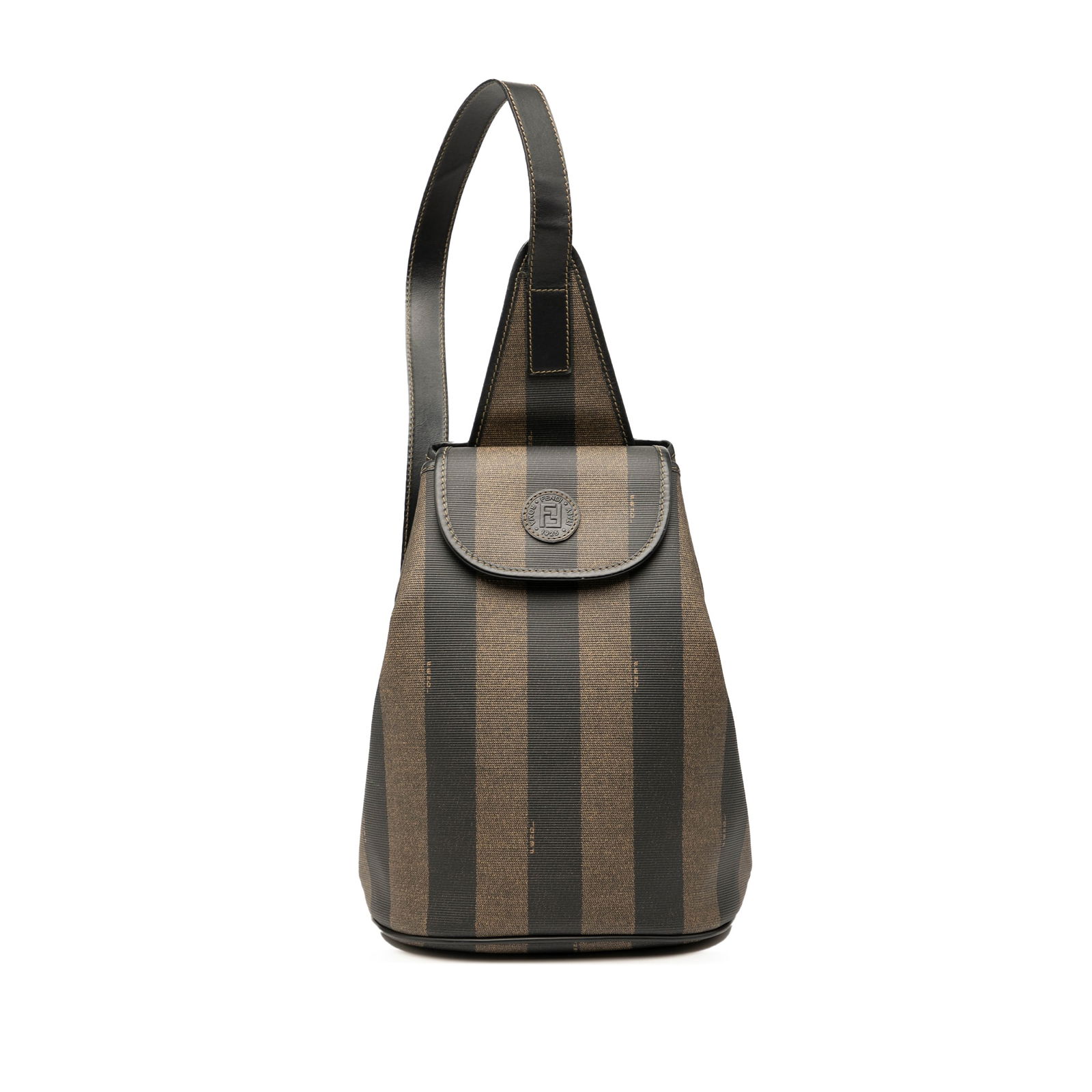 Pequin Crossbody Bag in Brown Coated Canvas by Fendi: Pequin Crossbody Bag in Brown Coated Canvas by Fendi This Fendi Pequin sling bag features a coated canvas exterior with a flat leather back strap, a top flap closure, and an interior zip pocket. The b