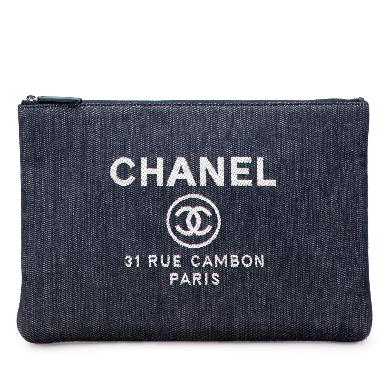 Chanel Deauville O Case Blue Denim Large Zip Clutch Bag: Chanel Deauville O Case Blue Denim Large Zip Clutch Bag This Chanel Large Denim Deauville O Case Clutch features a blue denim fabric body with a top zip closure. The clutch shows some signs of wear on