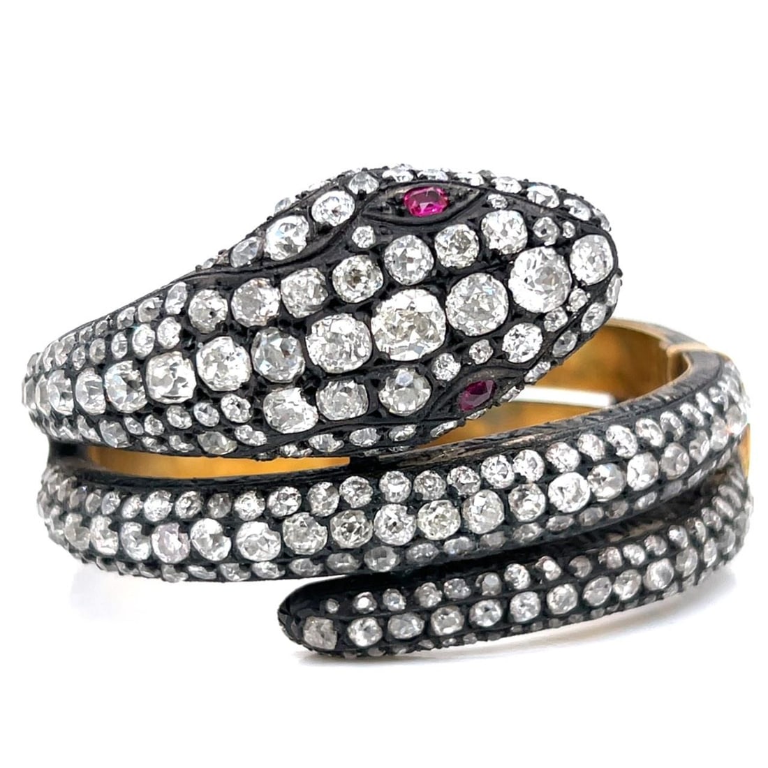 18K Silver 58.25 Ct Diamond Ruby Snake Bangle - 4