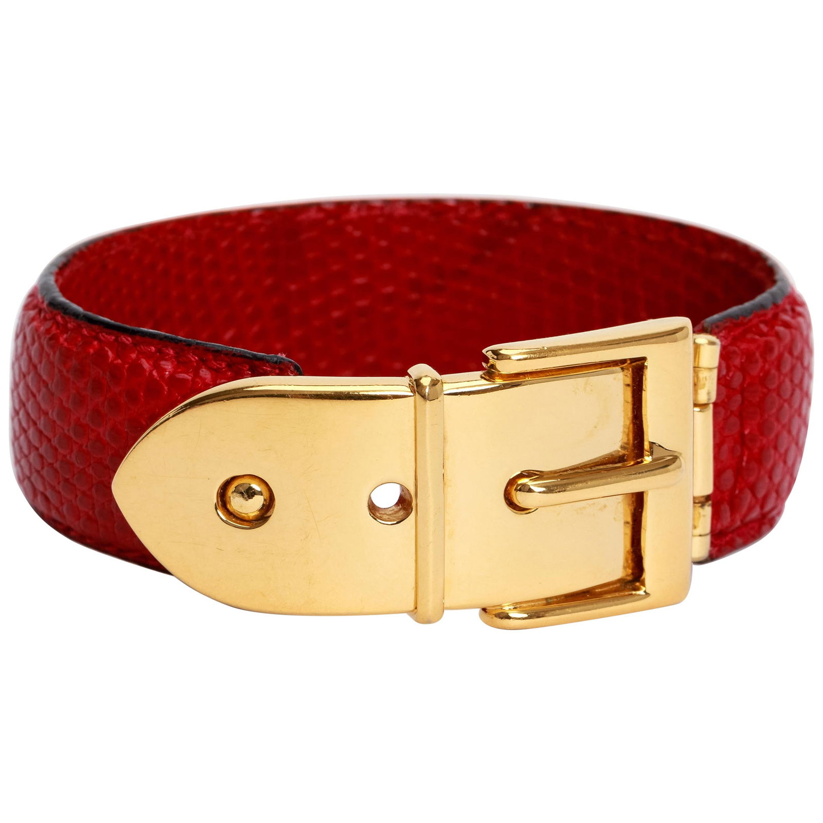 1990s Gucci Red Lizard Gold Hinged Cuff Bracelet Italy: 1990s Gucci Red Lizard Gold Hinged Cuff Bracelet Italy This exquisite 1990's Vintage Gucci bracelet showcases a captivating design made from luxurious red lizard skin accented with gold. The hinged