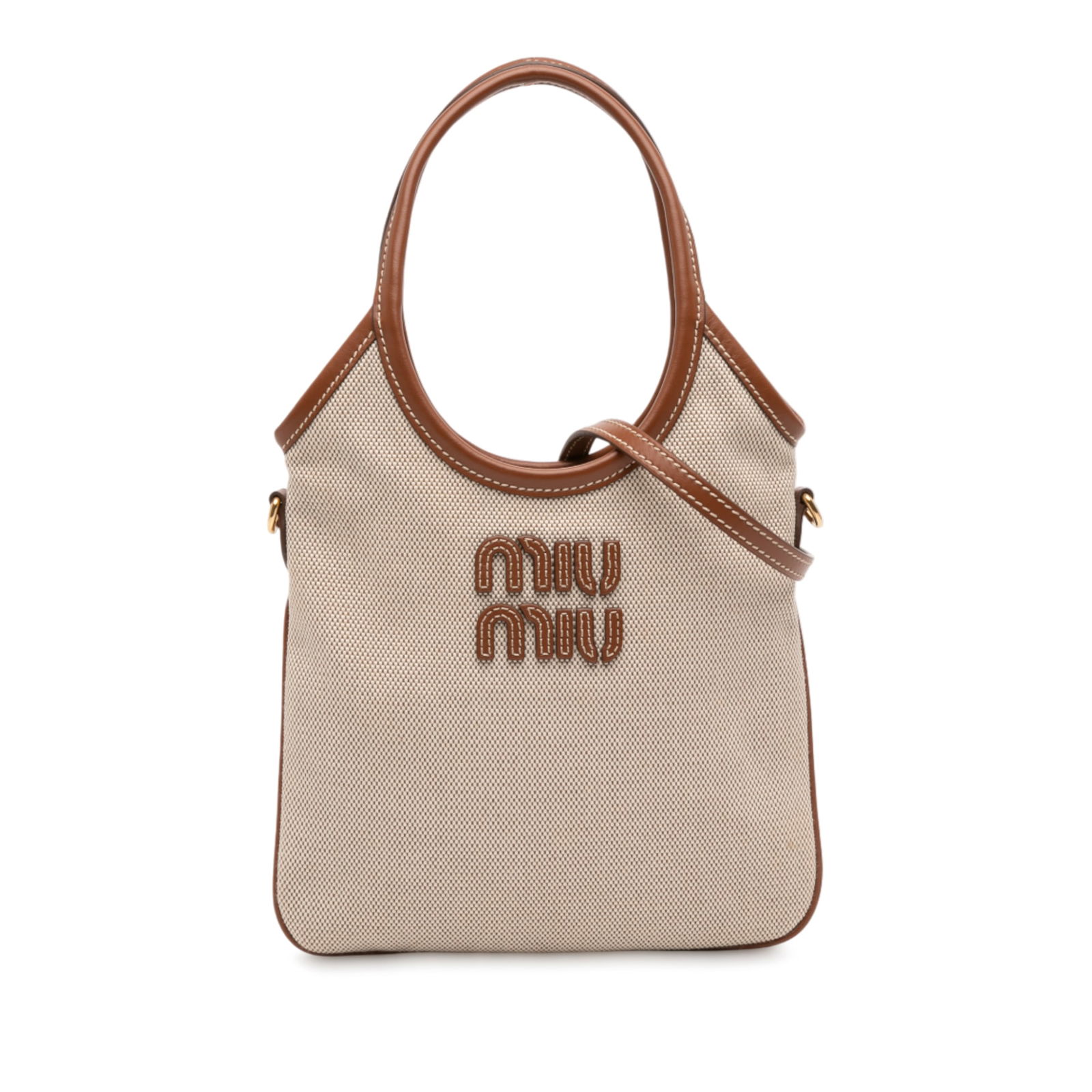 Miu Miu Ivy Canvas Satchel with Leather Trim and Detachable Strap: Miu Miu Ivy Canvas Satchel with Leather Trim and Detachable Strap This Miu Miu Ivy satchel features a canvas body with leather trim, flat leather handles, and a detachable flat leather strap. It has a