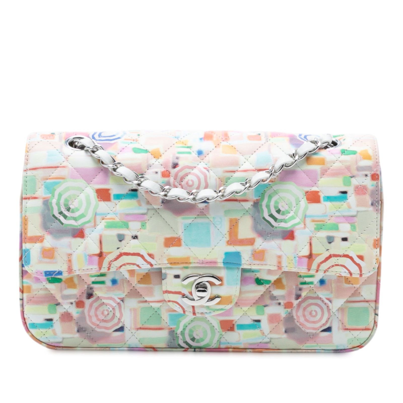 Chanel Medium Quilted Leather Umbrella Double Flap Bag White: Chanel Medium Quilted Leather Umbrella Double Flap Bag White This Chanel Medium Quilted Printed Leather Umbrella Double Flap shoulder bag showcases a luxurious quilted printed leather body, complement