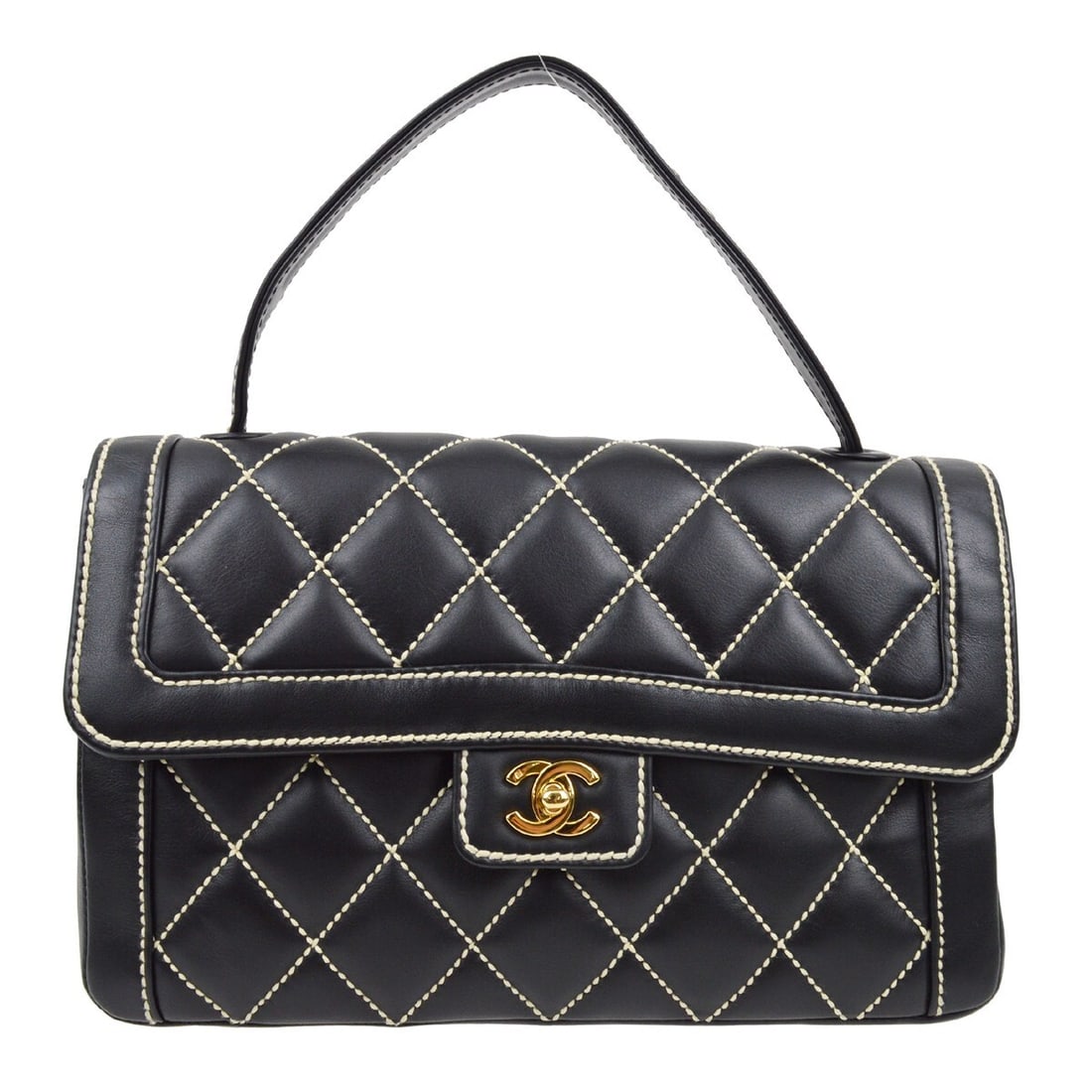 Chanel Black Calfskin Wild Stitch Handbag with Turn Lock: Chanel Black Calfskin Wild Stitch Handbag with Turn Lock Introducing the Chanel Black Calfskin Wild Stitch Handbag, a perfect blend of elegance and practicality. This medium-sized handbag features a