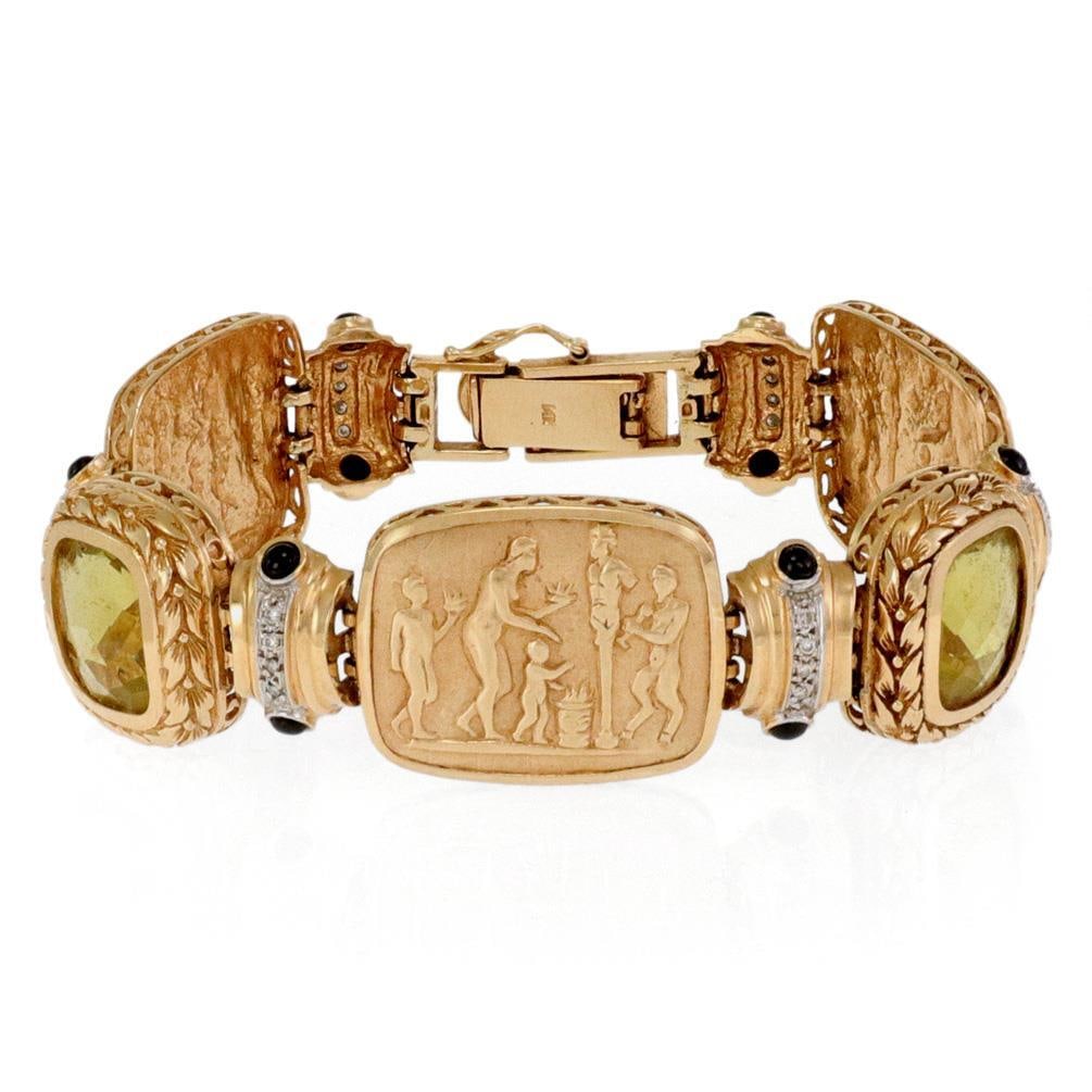 14k Gold Bracelet Mythological Scene with Citrine Diamonds and Onyx: 14k Gold Bracelet Mythological Scene with Citrine Diamonds and Onyx This exquisite 14k gold bracelet features a unique design combining yellow and white gold. It showcases two cushion-shaped links, ea