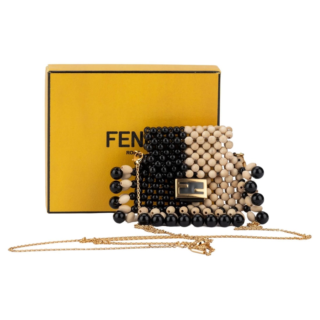 Fendi Micro Fringe Baguette Necklace Black Glass Wood Beads: Fendi Micro Fringe Baguette Necklace Black Glass Wood Beads The Fendi Micro Fringe Baguette is a versatile accessory that can be worn as a bag or necklace. Crafted from black glass and wood beads, thi