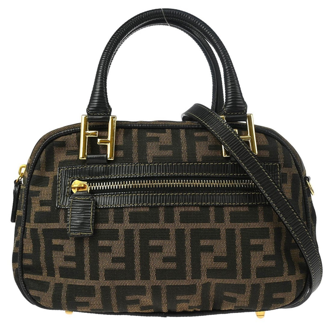 Fendi Zucca Handbag Brown Black Double Handle Gold Hardware (1 of 10)