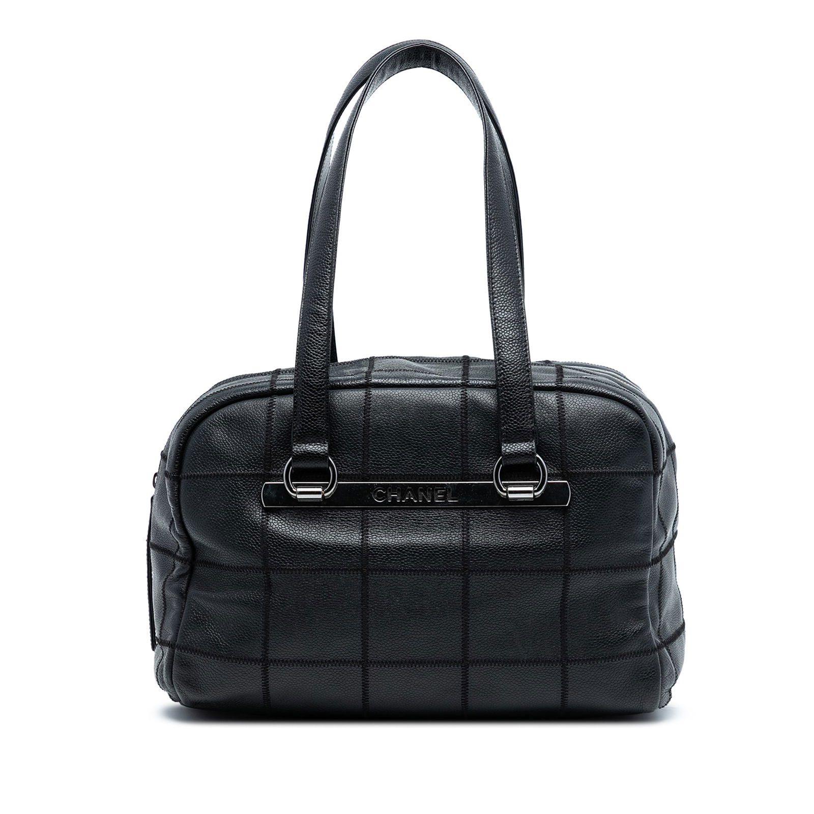 Choco Bar Caviar LAX Bowler Shoulder Bag by Chanel Black Quilted Leather: Choco Bar Caviar LAX Bowler Shoulder Bag by Chanel Black Quilted Leather This Chanel Choco Bar Caviar LAX Bowler Bag features a quilted caviar leather body in black, flat leather straps, a top zip clo