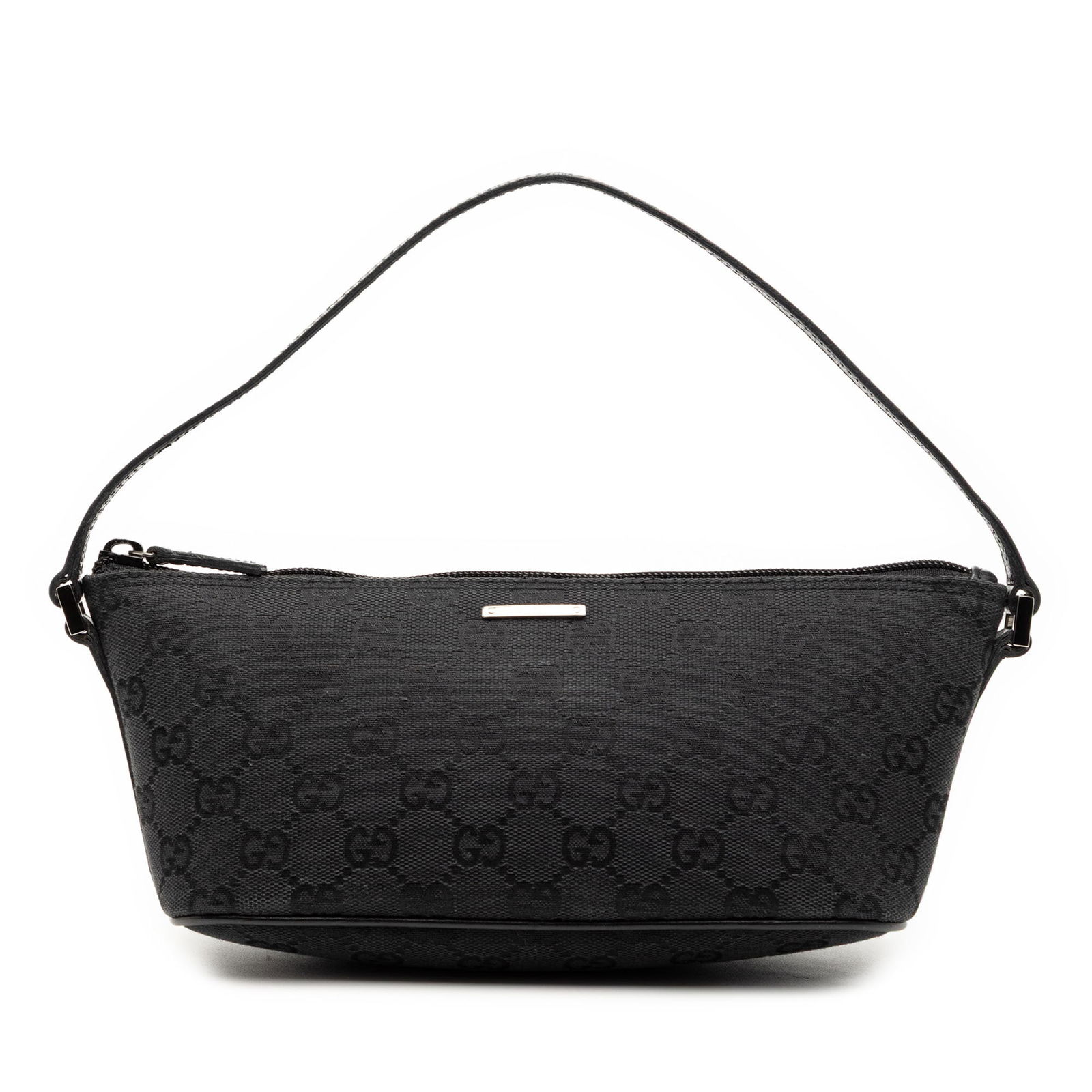 Gucci GG Canvas Boat Black Shoulder Bag with Leather Trim: Gucci GG Canvas Boat Black Shoulder Bag with Leather Trim This Gucci GG Canvas Boat shoulder bag features a canvas body with leather trim, a flat leather strap, and a top zip closure. The bag is black