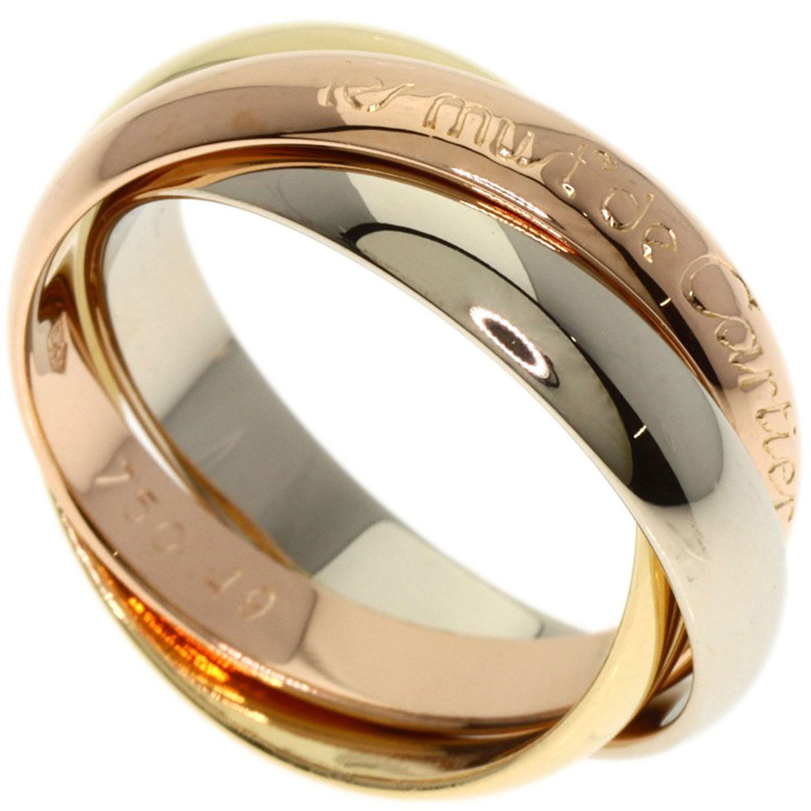 18K Pink White Yellow Gold Cartier Trinity Ring from France: 18K Pink White Yellow Gold Cartier Trinity Ring from France This Cartier Trinity ring features intertwined bands crafted from 18K pink, white, and yellow gold. Designed for women, the ring showcases a