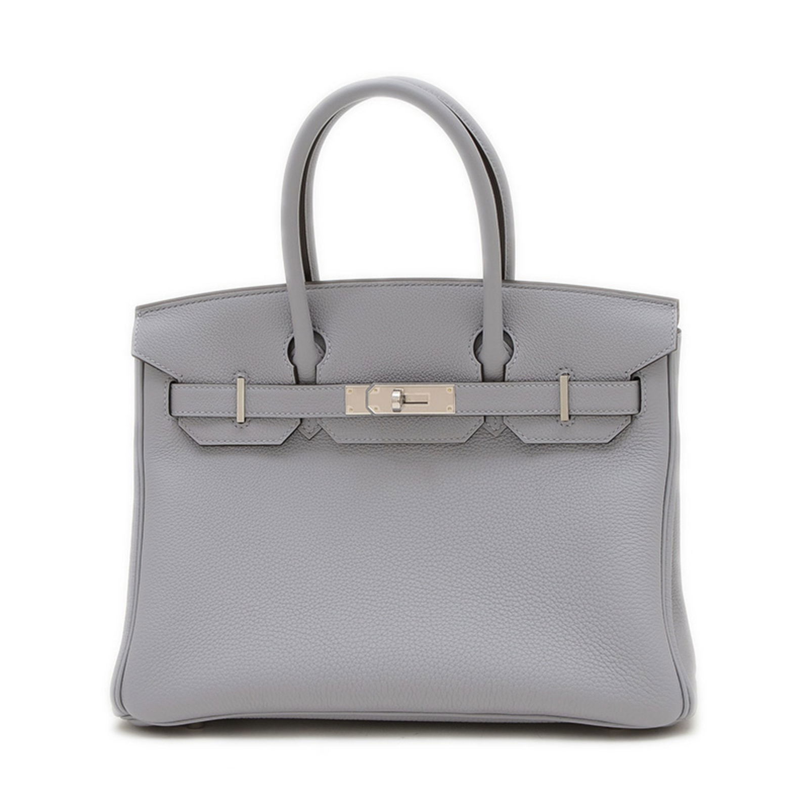 Grey Leather Hermes Birkin 30 cm Handbag from France: Grey Leather Hermes Birkin 30 cm Handbag from France This Hermes Birkin 30 is a sophisticated handbag crafted from grey leather. Designed for women, it features a structured silhouette with dual top h
