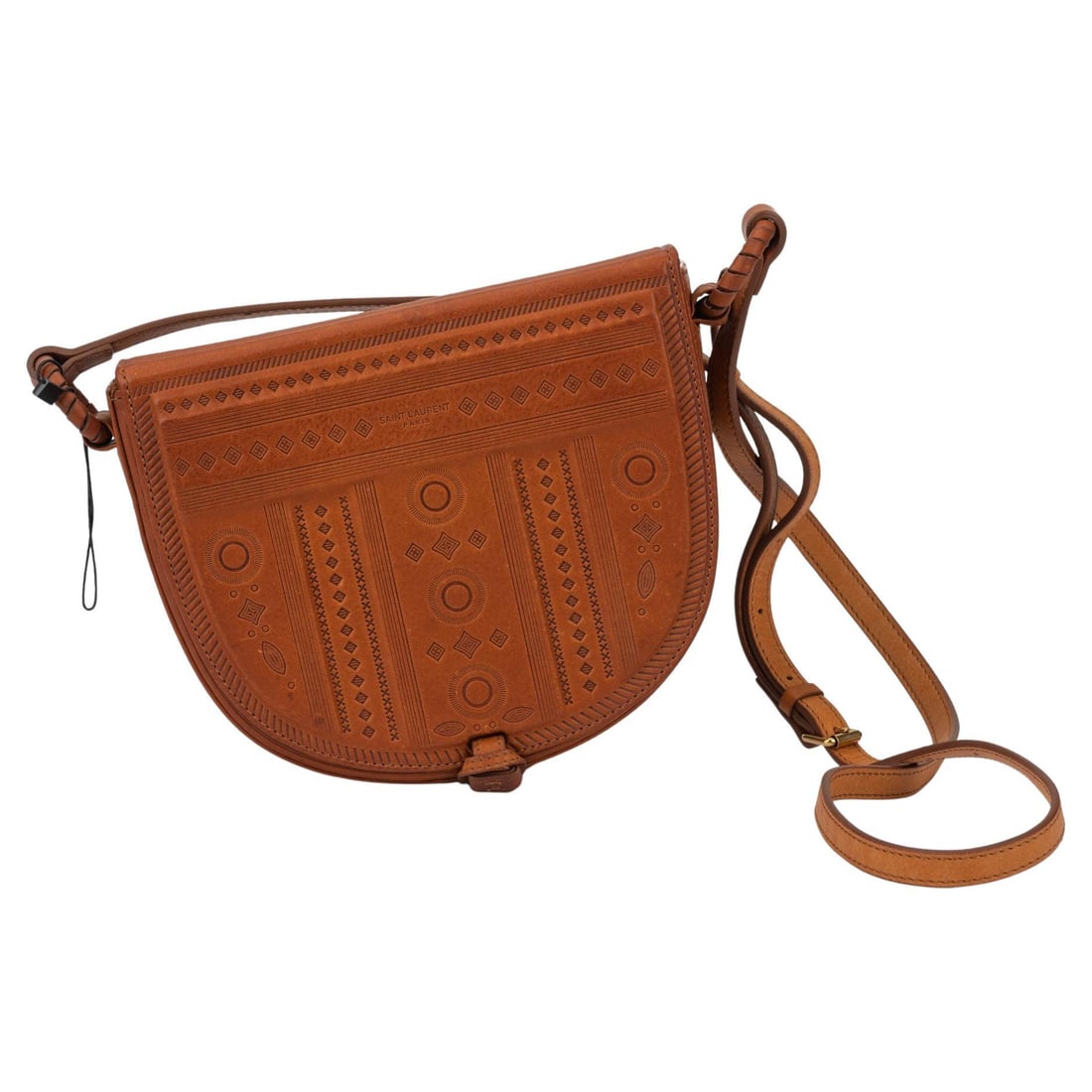 Yves Saint Laurent Brown Etched Leather Crossbody with Tassel: Yves Saint Laurent Brown Etched Leather Crossbody with Tassel This exquisite brown etched leather cross body bag by Yves Saint Laurent is a stylish addition to any wardrobe. Featuring a chic tassel de