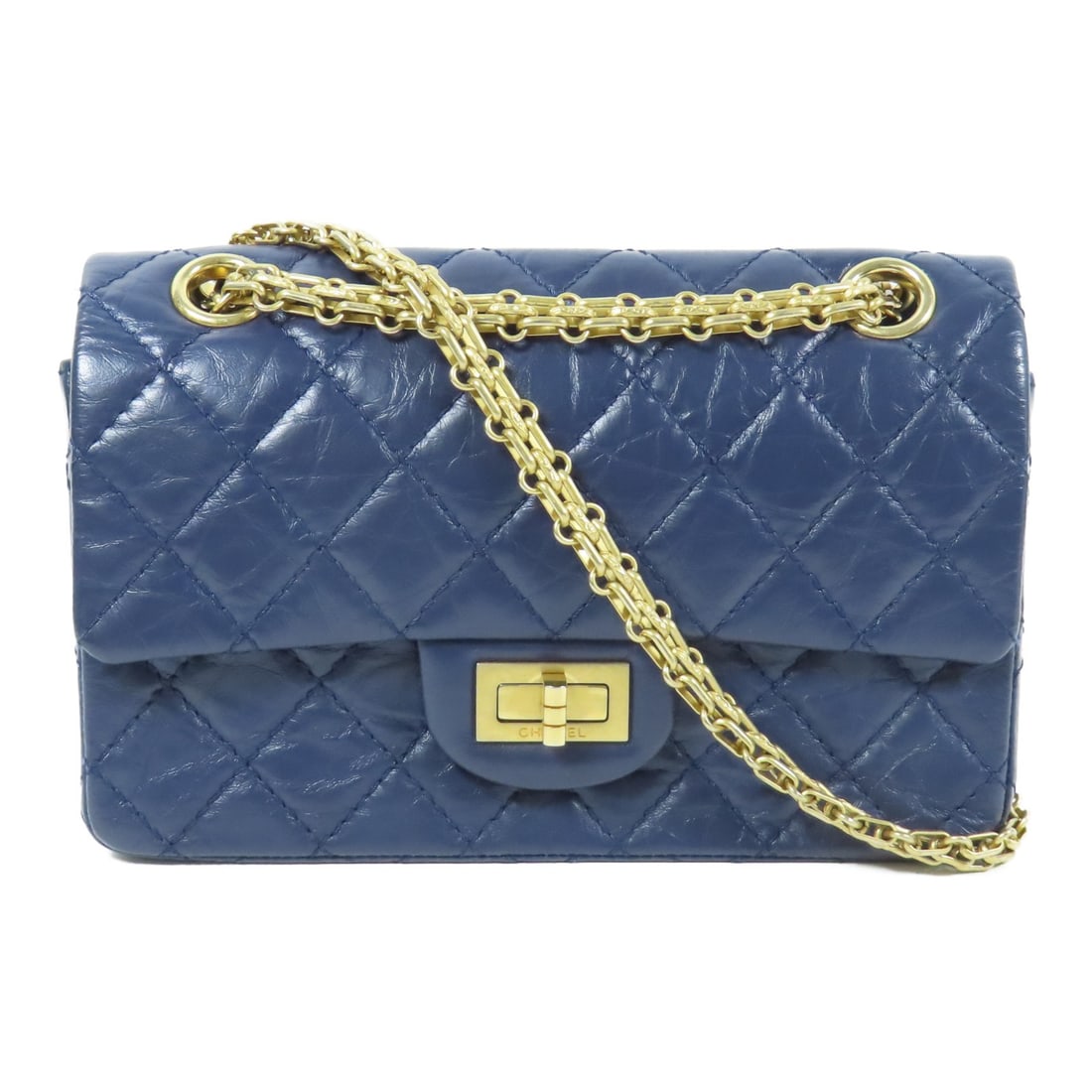 Chanel 2.55 Blue Calfskin Leather Shoulder Bag with Gold Hardware: Chanel 2.55 Blue Calfskin Leather Shoulder Bag with Gold Hardware This CHANEL 2.55 shoulder bag is crafted from blue calfskin leather and features the iconic CC design. The bag is finished with gold-t