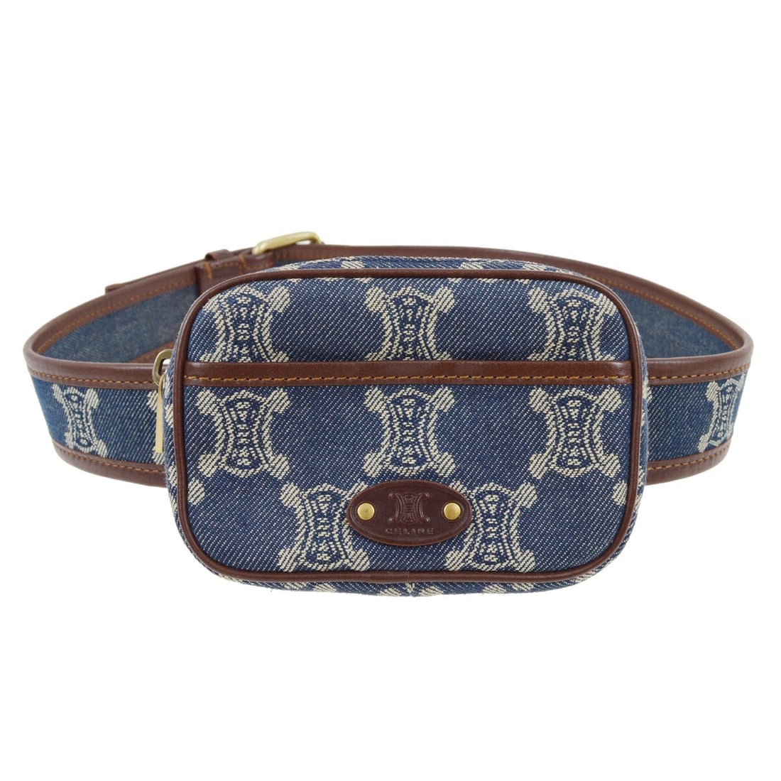 Blue Denim Macadam Belt Waist Bag by Celine with Logo Accent: Blue Denim Macadam Belt Waist Bag by Celine with Logo Accent This Celine Macadam belt bum bag features blue denim construction with the signature Macadam pattern and logo accents. Designed for casual