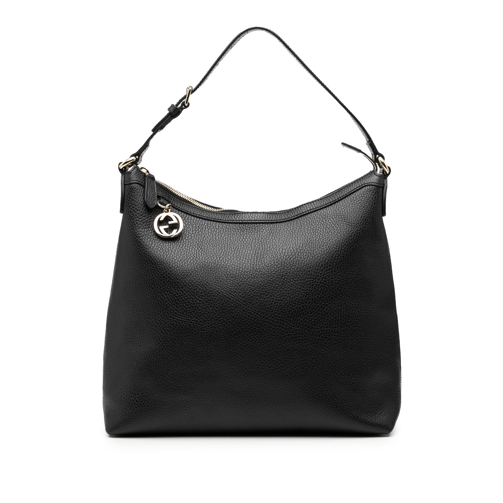 Gucci Black Leather Tote with GG Charm Accent: Gucci Black Leather Tote with GG Charm Accent This Gucci Leather GG Charm Tote features a black leather body with a flat leather handle, a top zip closure, and an interior zip pocket. The bag showcase