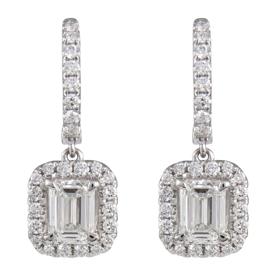 GIA Certified 2.04ct Emerald Cut Diamond Earrings 18k White Gold: GIA Certified 2.04ct Emerald Cut Diamond Earrings 18k White Gold Elevate your elegance with these stunning GIA certified Emerald Cut Diamond Drop Earrings, expertly crafted in 18k white gold. Featurin