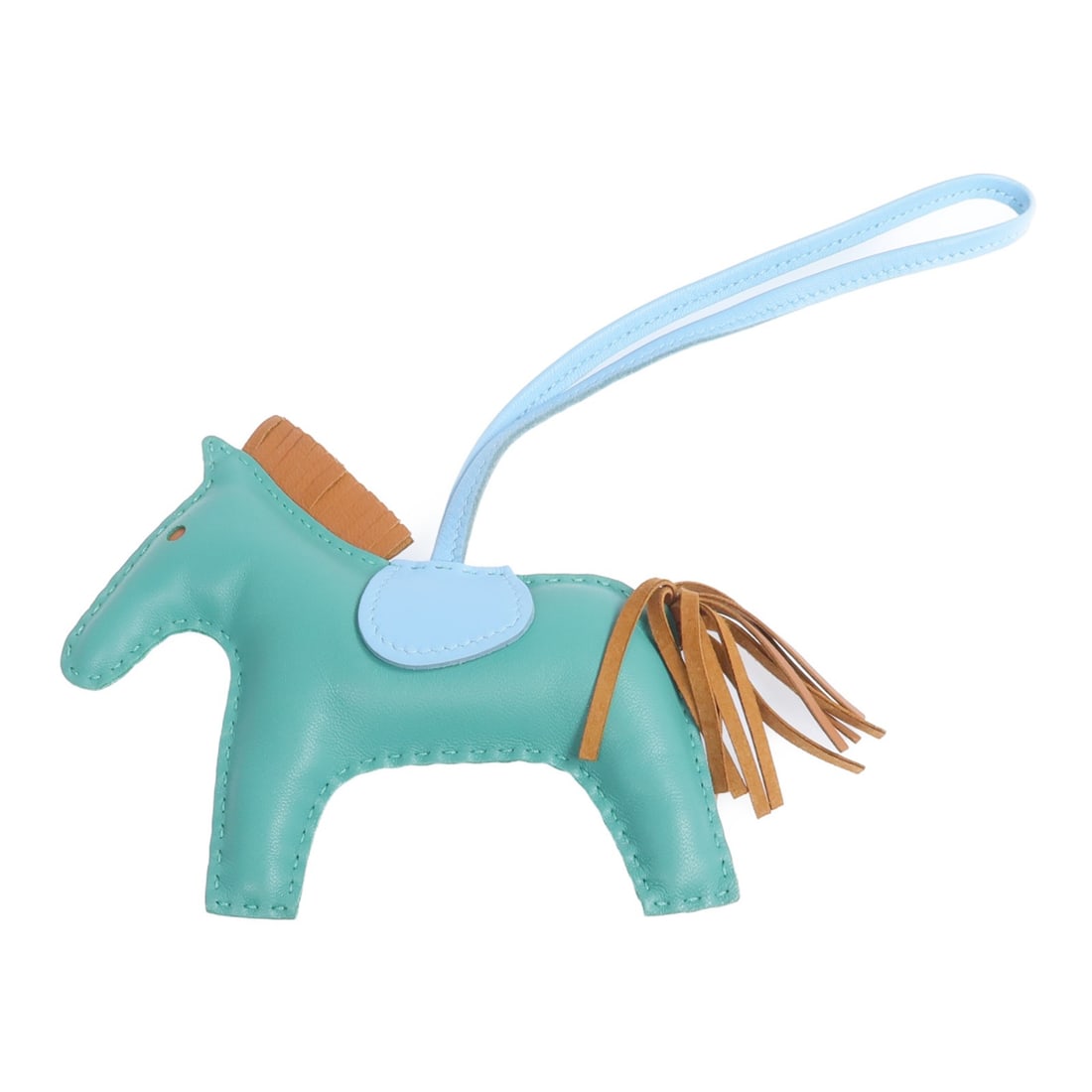 Rodeo MM Lambskin Bag Charm in Green Blue Gold by Hermes: Rodeo MM Lambskin Bag Charm in Green Blue Gold by Hermes This is an Hermes Rodeo MM charm crafted from Agneau Milo lambskin leather in green, blue, and gold tones. Made in France, it features a playfu