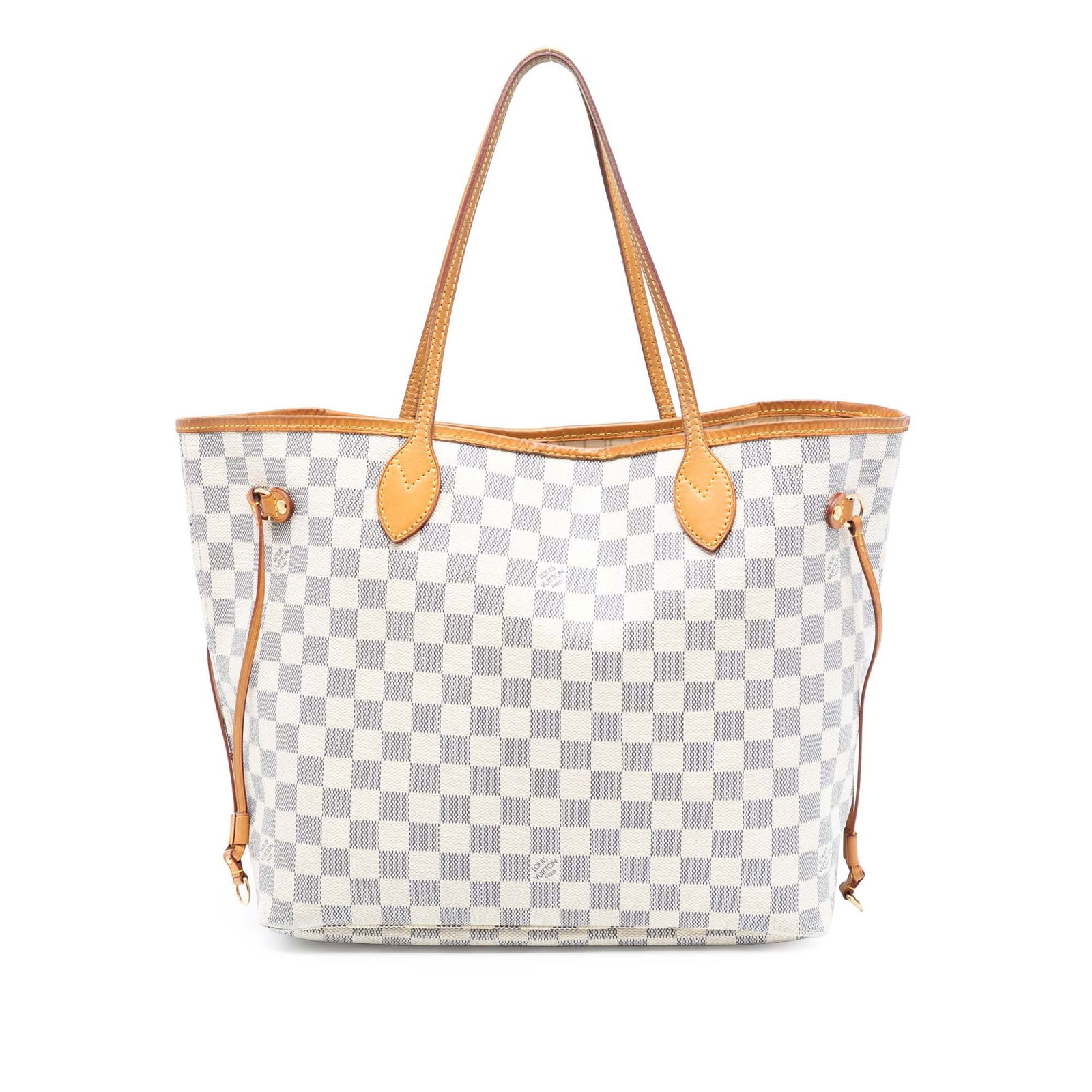 Neverfull MM tote in Damier Azur canvas with vachetta leather trim: Neverfull MM tote in Damier Azur canvas with vachetta leather trim This Louis Vuitton Damier Azur Neverfull MM features a signature Damier Azur canvas body with vachetta leather trim and flat vachetta