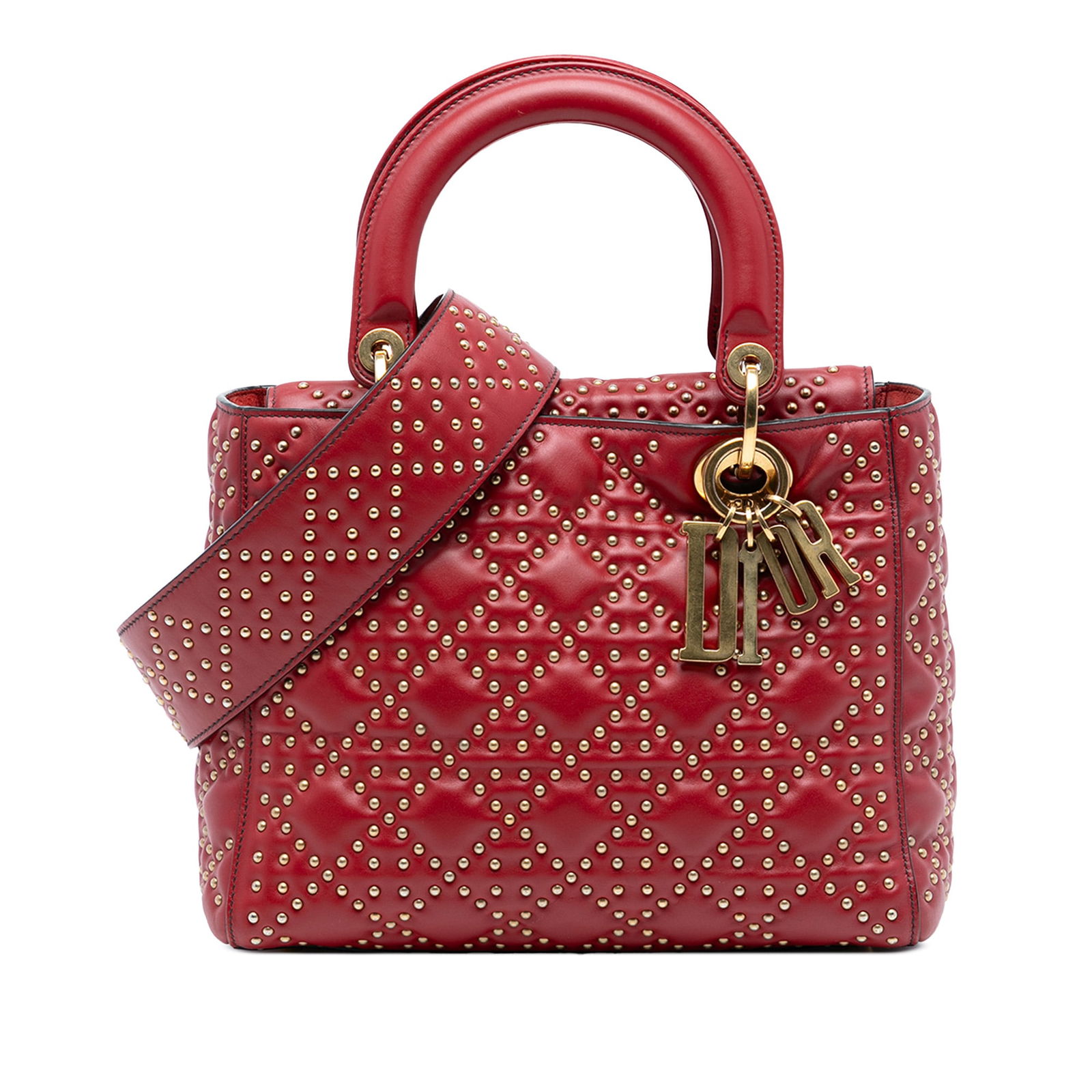 Dior Lady Dior Medium Red Leather Bag with Studded Detailing and Strap (1 of 7)