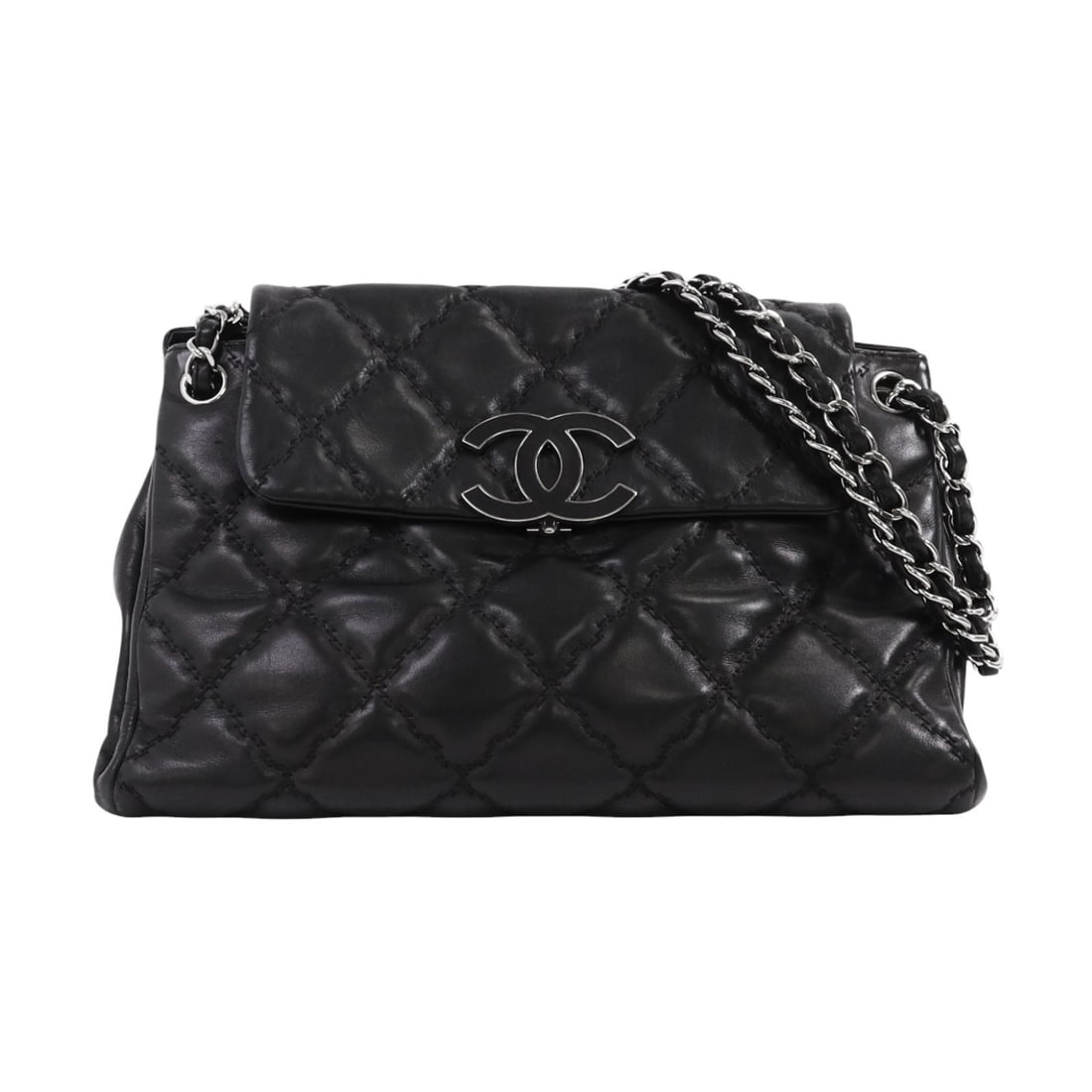Black Calfskin CHANEL Shoulder Bag with Silver Chain CC Logo: Black Calfskin CHANEL Shoulder Bag with Silver Chain CC Logo This CHANEL shoulder bag features a classic black calfskin leather exterior with silver-tone hardware and a signature CC chain design. Craf