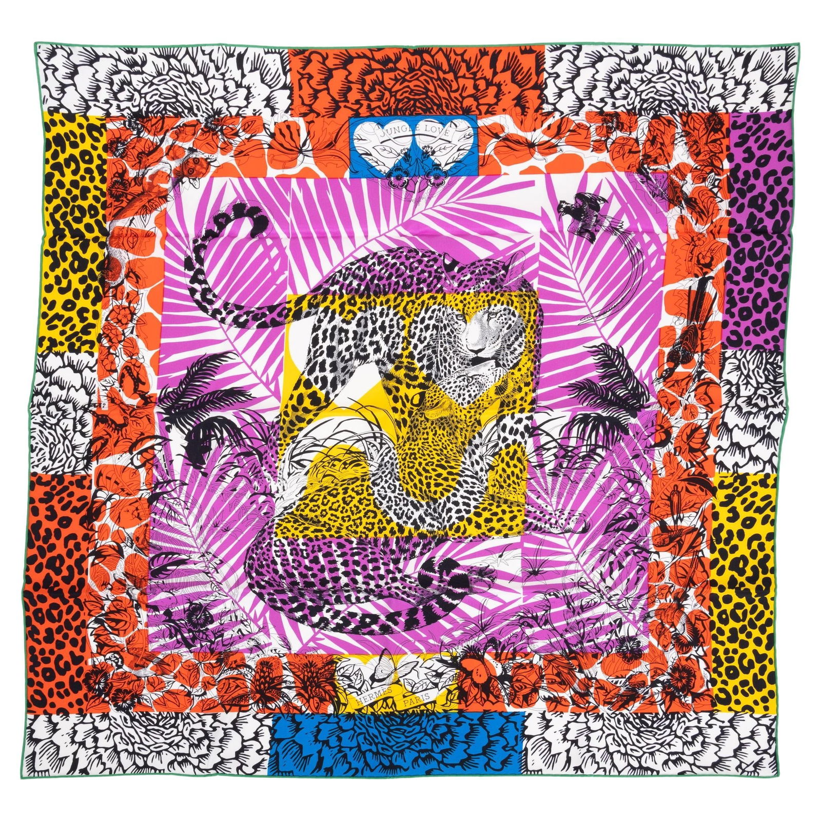 Hermes Jungle Love 70cm Silk Scarf with Original Box: Hermes Jungle Love 70cm Silk Scarf with Original Box Introducing the exquisite Hermes "Jungle Love" scarf, a luxurious piece crafted from silk, showcasing a vibrant multicolor print inspired by the re
