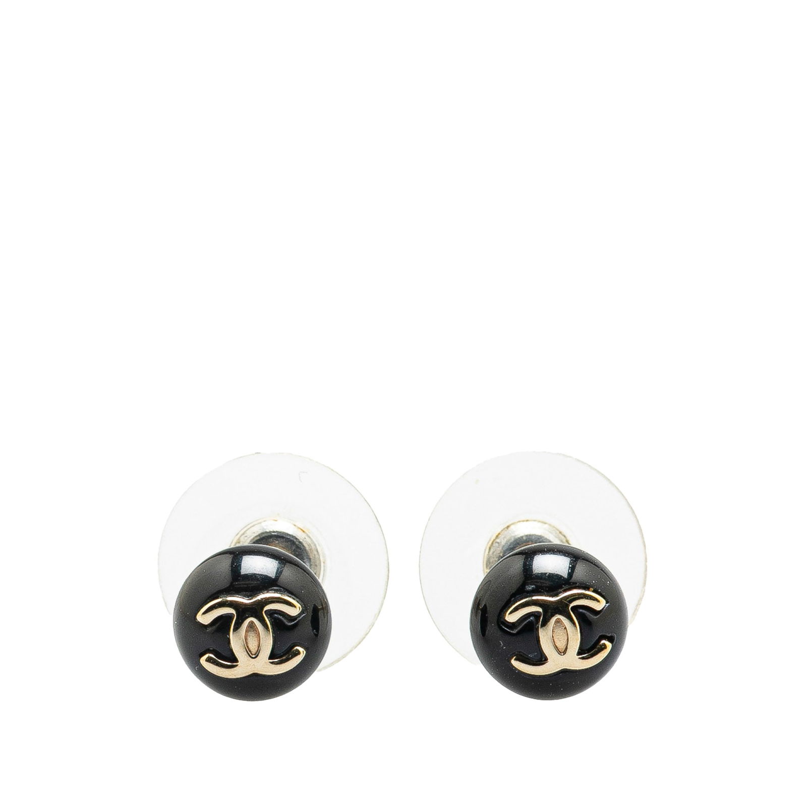 Chanel Black Resin CC Button Earrings with Push Back Closure: Chanel Black Resin CC Button Earrings with Push Back Closure Elevate your accessory collection with these Chanel Resin CC Button Push Back Earrings, showcasing a stylish black resin body adorned with