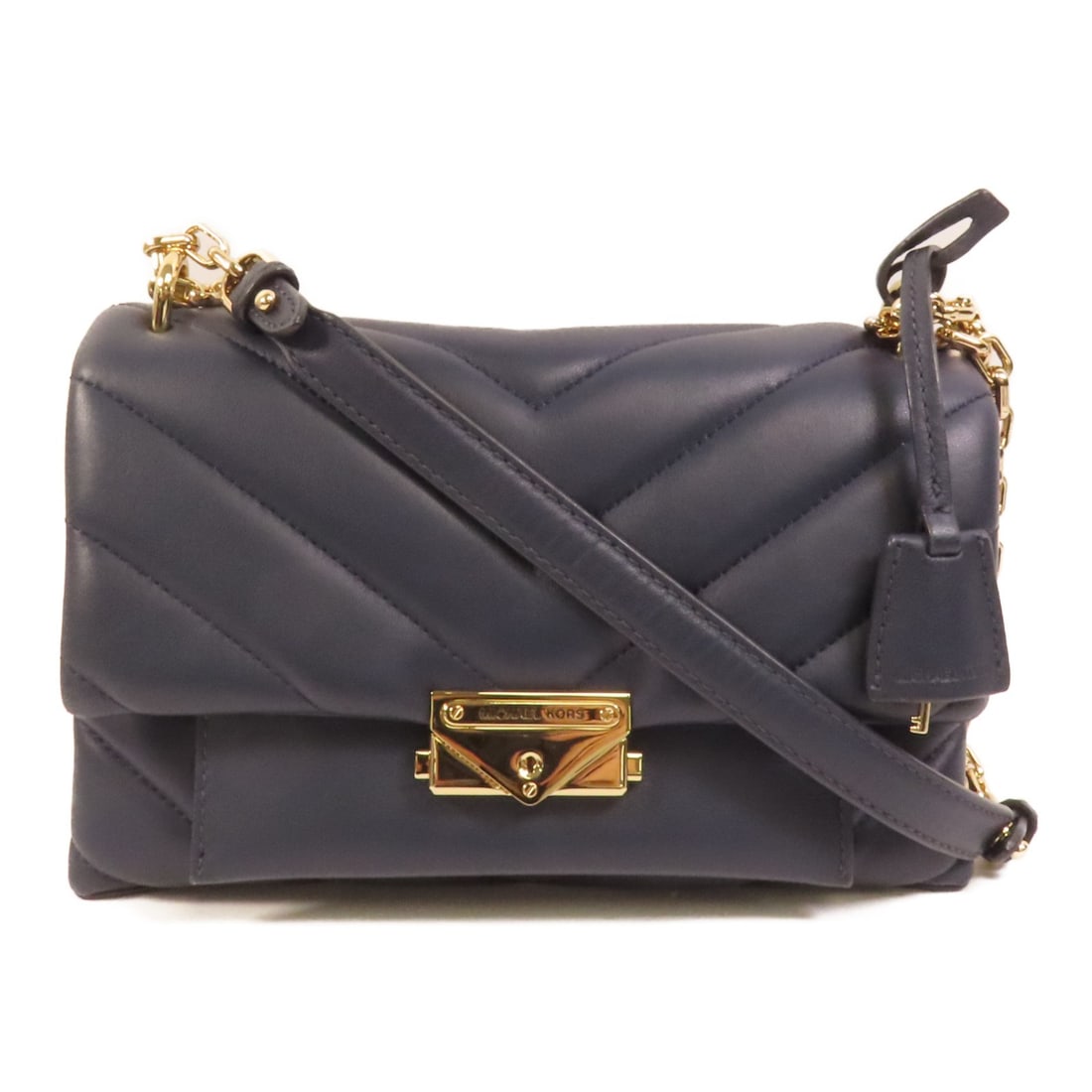 Michael Kors Blue Calfskin Chain Strap Shoulder Bag with Gold Hardware: Michael Kors Blue Calfskin Chain Strap Shoulder Bag with Gold Hardware This Michael Kors shoulder bag features a blue calfskin leather exterior with a chain strap and gold tone hardware. Designed in a