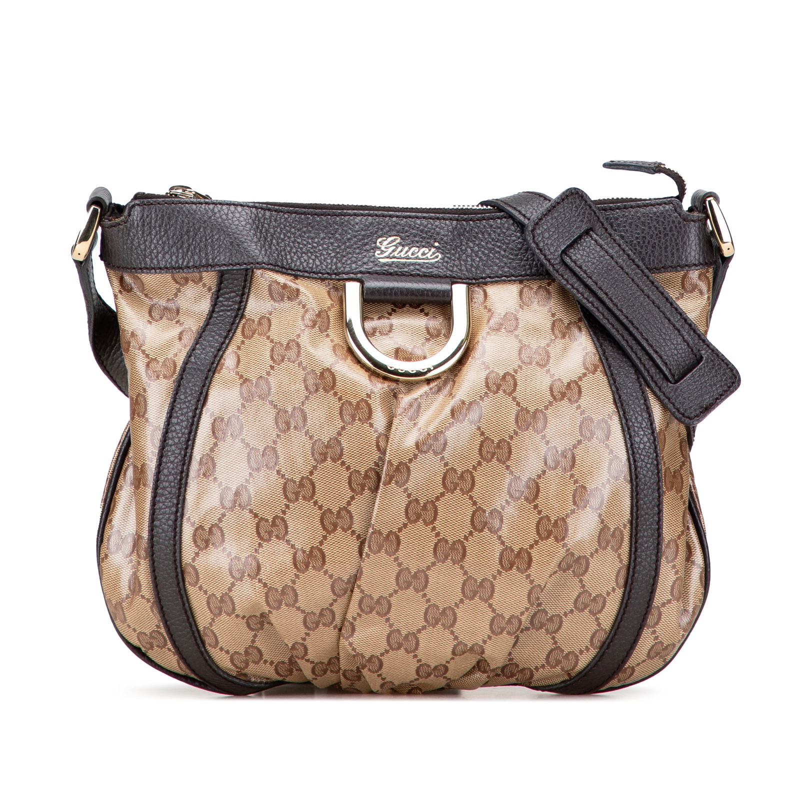 Gucci GG Crystal Abbey D Ring Crossbody Bag Brown Fabric: Gucci GG Crystal Abbey D Ring Crossbody Bag Brown Fabric The Gucci GG Crystal Abbey D Ring Crossbody is a sophisticated accessory crafted from coated canvas with luxurious leather trim. It features a