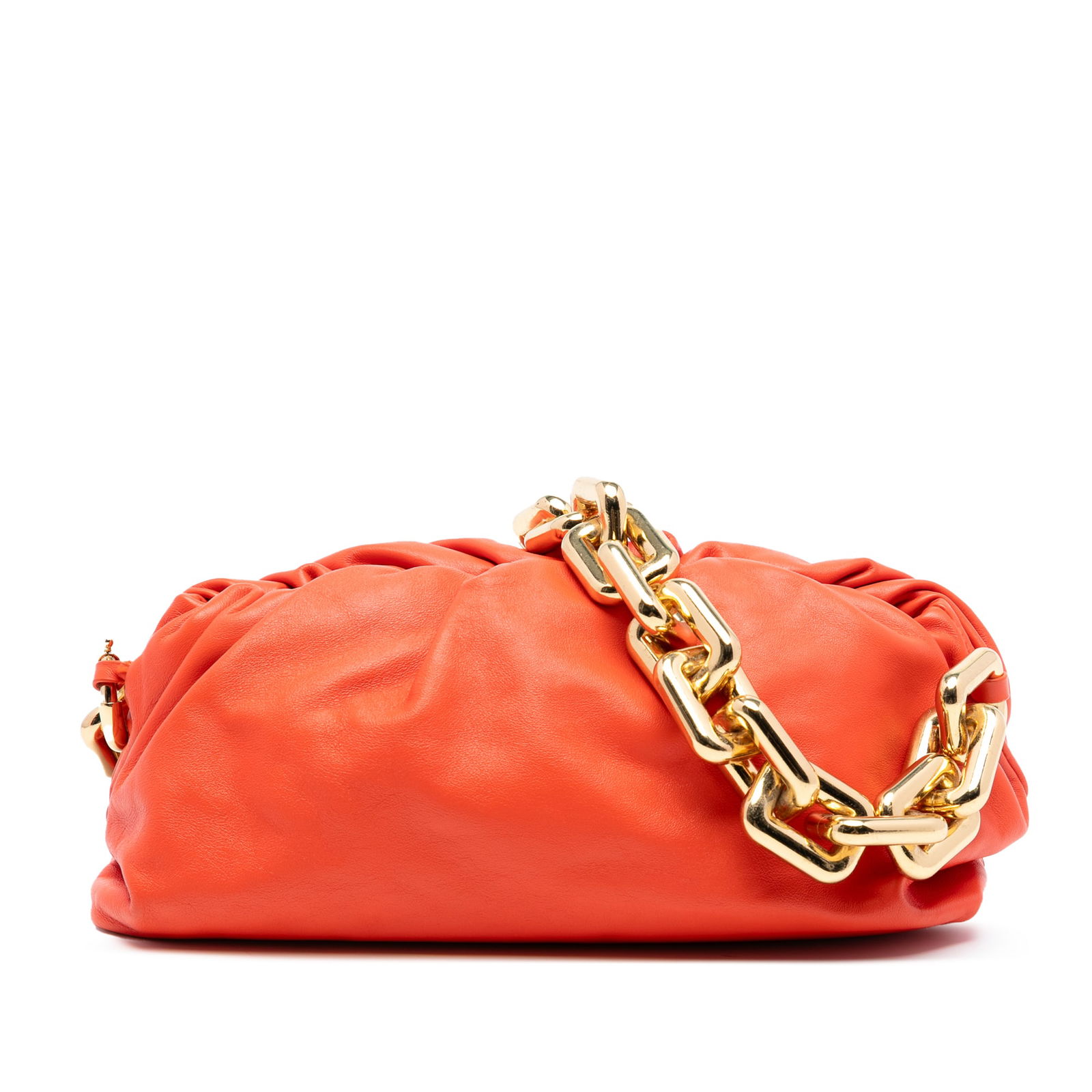 Orange Bottega Veneta Lambskin Chain Pouch Bag with Gold-Tone Strap: Orange Bottega Veneta Lambskin Chain Pouch Bag with Gold-Tone Strap This Bottega Veneta Lambskin Chain Pouch showcases a luxurious orange leather body paired with a gold-tone chain link strap and a to