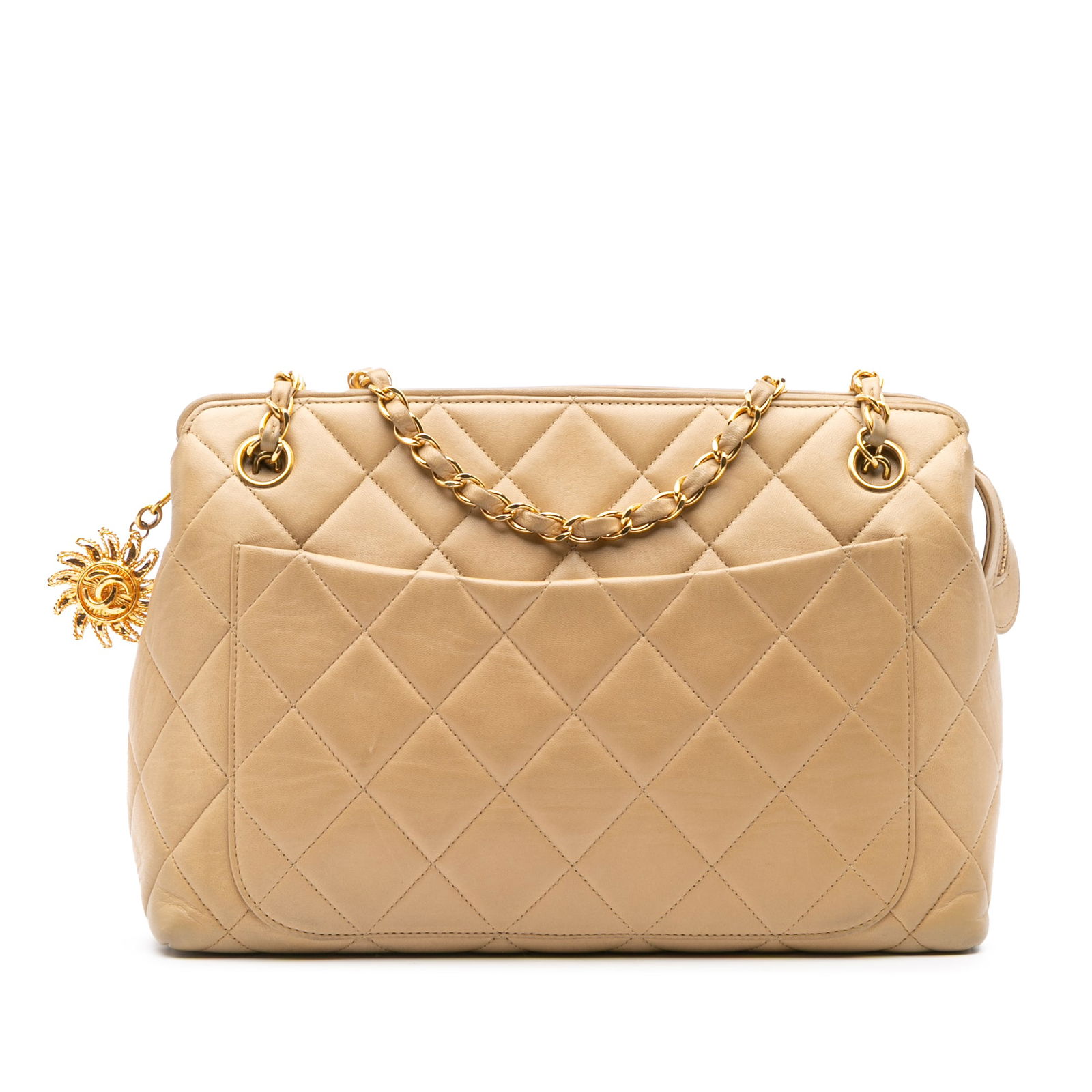Chanel Brown Lambskin Sun Charm Quilted Chain Crossbody Bag: Chanel Brown Lambskin Sun Charm Quilted Chain Crossbody Bag This Chanel crossbody bag features a quilted lambskin leather body with leather-woven chain straps and a sun charm detail. It is designed wi