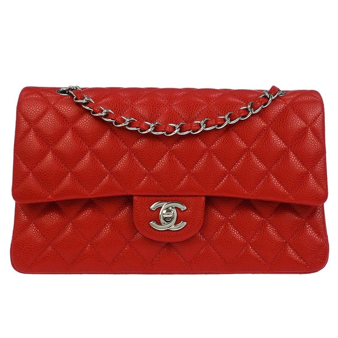 Chanel Red Caviar Leather Medium Classic Double Flap Bag: Chanel Red Caviar Leather Medium Classic Double Flap Bag Elevate your ensemble with this stunning Chanel Medium Classic Double Flap Shoulder Bag, crafted from luxurious red caviar skin leather. Its cl