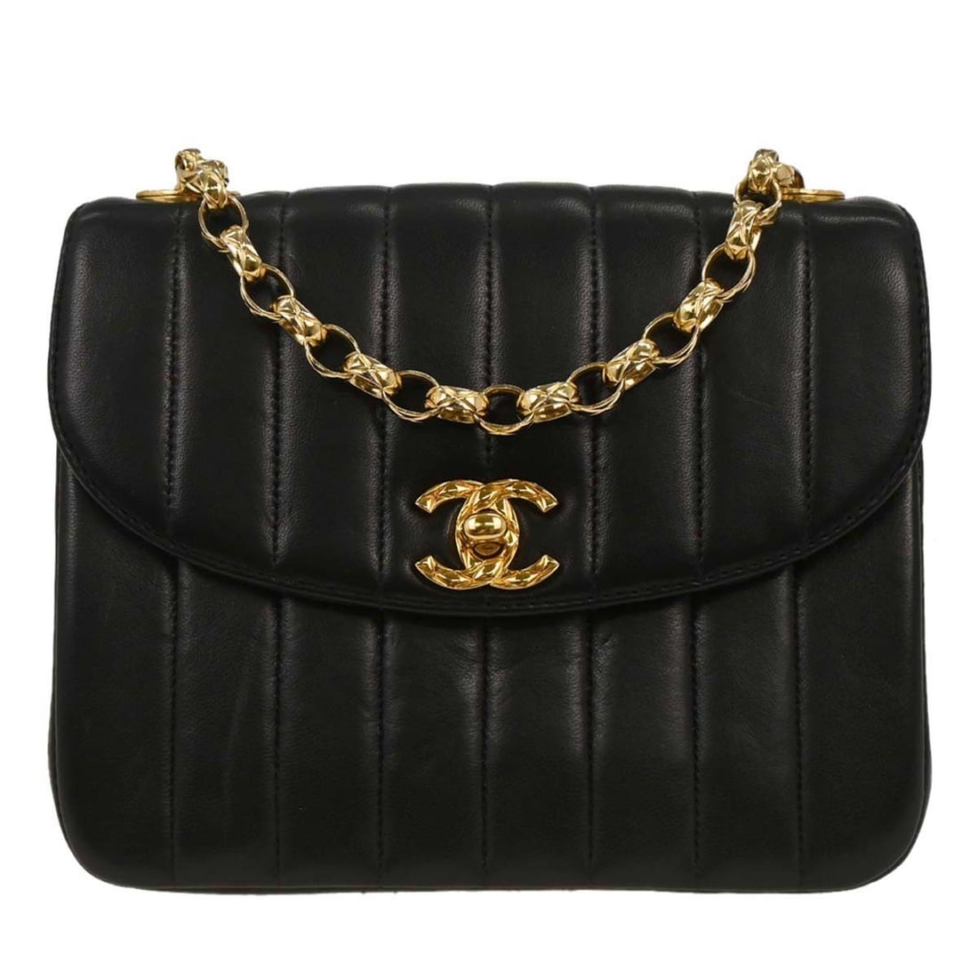 Chanel Black Lambskin Mademoiselle Shoulder Bag with Chain Strap: Chanel Black Lambskin Mademoiselle Shoulder Bag with Chain Strap Introducing the Chanel Black Lambskin Mademoiselle Shoulder Bag, a stylish accessory perfect for casual occasions. This small shoulder