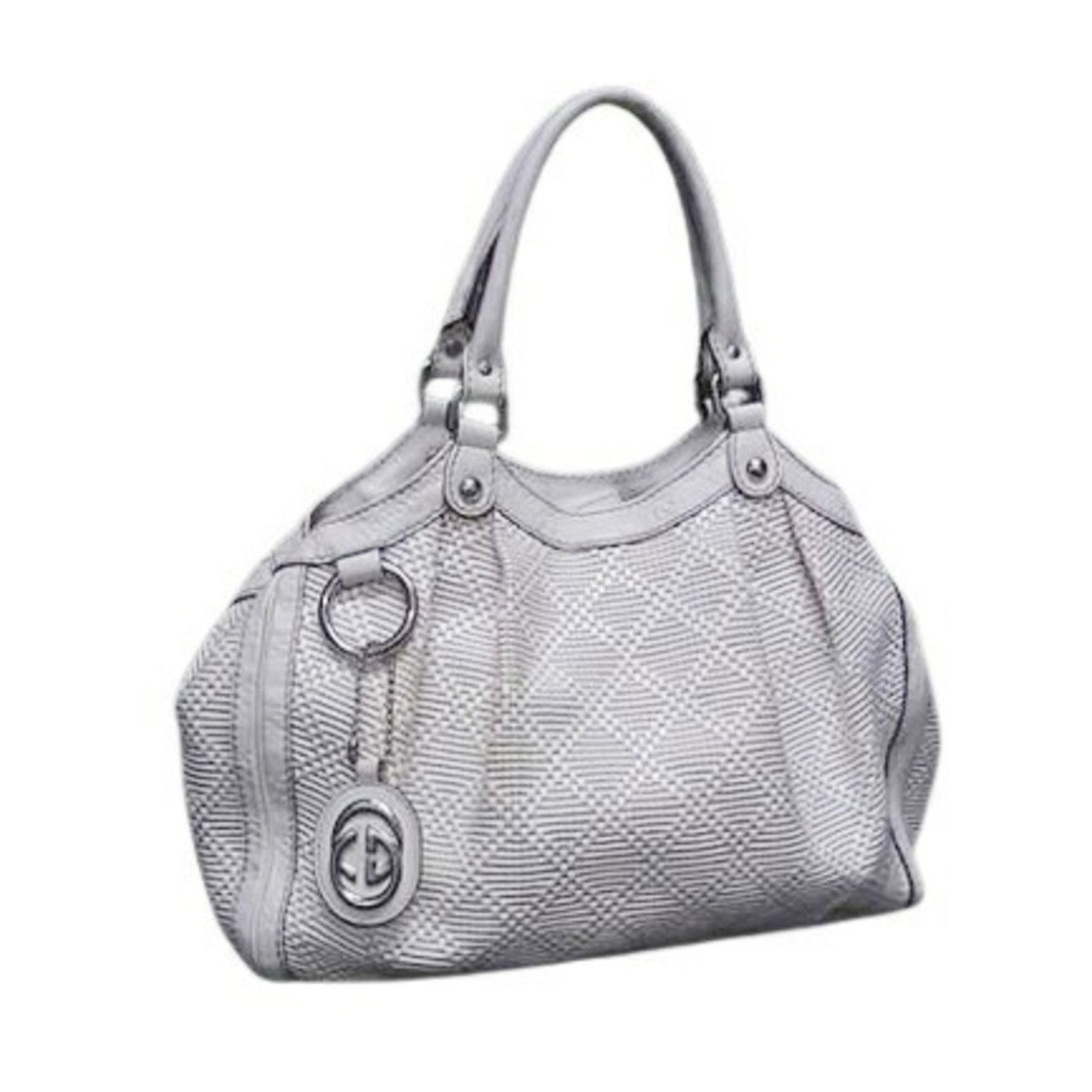 White Leather Sukey Shoulder Bag by Gucci Italy: White Leather Sukey Shoulder Bag by Gucci Italy The Gucci Sukey is a women's handbag crafted from white leather, featuring a spacious design. The bag is made in Italy and is noted for its slightly out