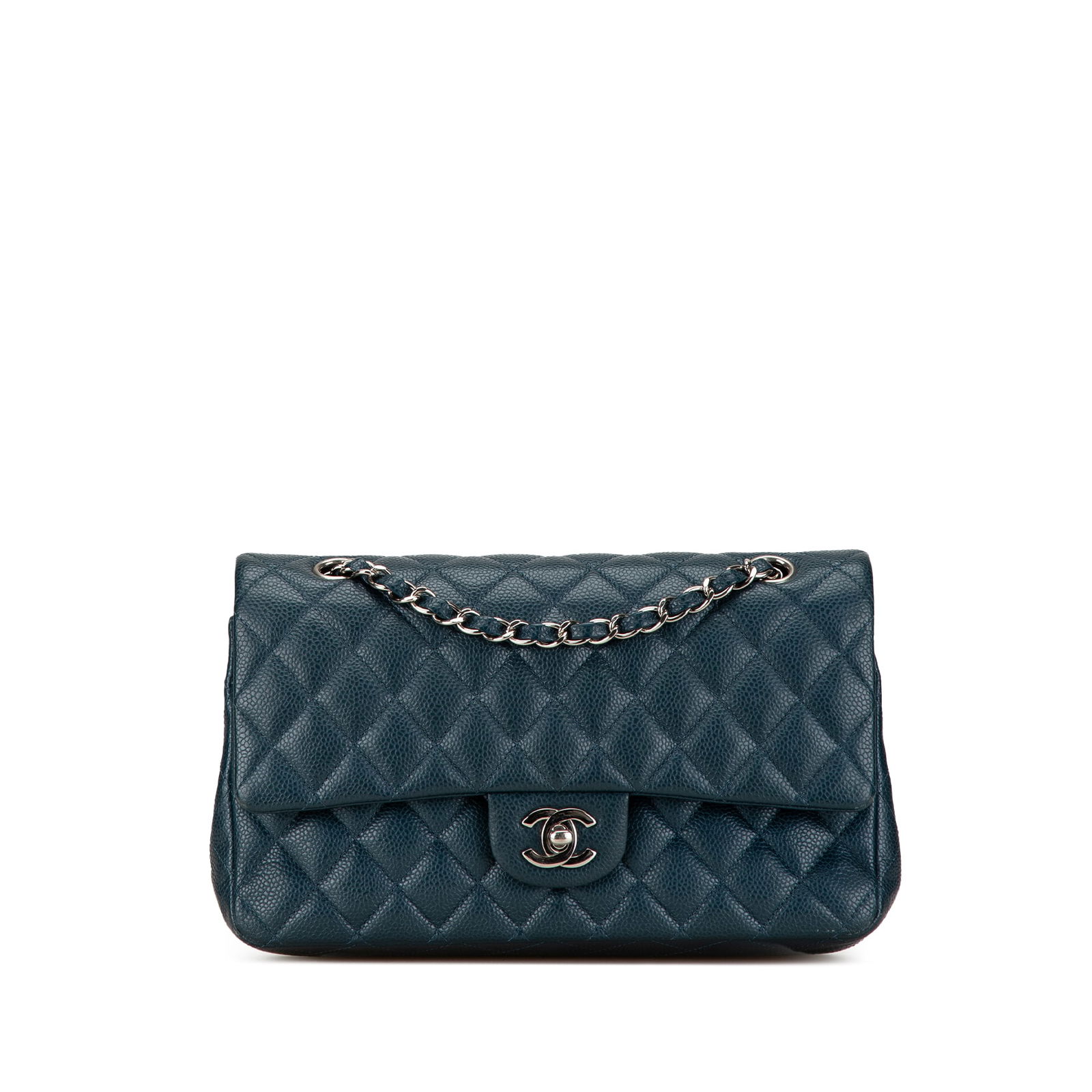 Chanel Medium Classic Caviar Double Flap Blue Leather Shoulder Bag: Chanel Medium Classic Caviar Double Flap Blue Leather Shoulder Bag The Chanel Medium Classic Caviar Double Flap shoulder bag is a timeless accessory crafted from luxurious quilted caviar leather. This