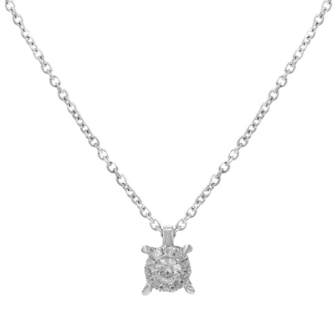 Bliss by Damiani 18K White Gold Diamond Cluster Pendant Necklace 0.10ct: Bliss by Damiani 18K White Gold Diamond Cluster Pendant Necklace 0.10ct This exquisite Bliss by Damiani Cluster Diamond Pendant Necklace features a stunning pave cluster design adorned with 0.10 carat